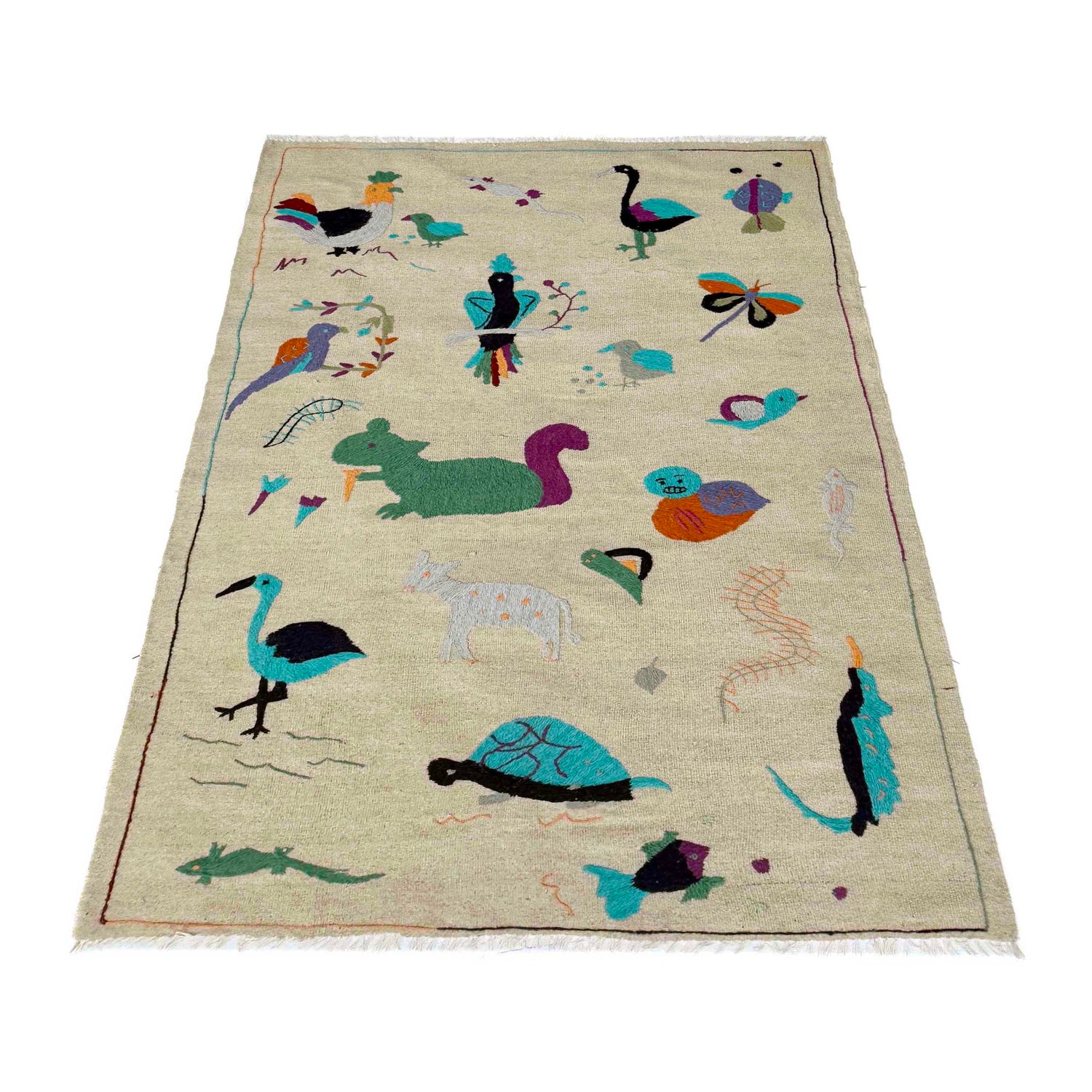 Embroidery Kilim Area Rug Handmade Beige Animal 4x6 ft
