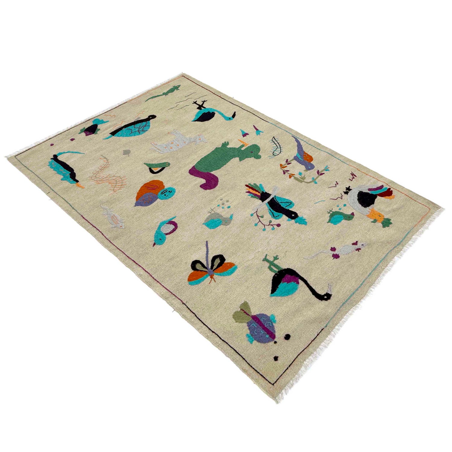 Embroidery Kilim Area Rug Handmade Beige Animal 4x6 ft