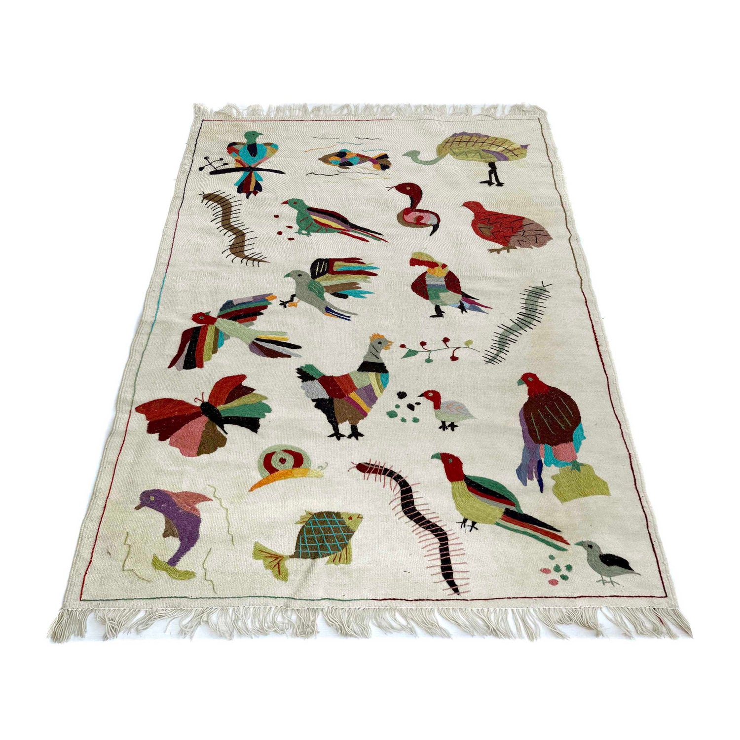 Embroidery Kilim Area Rug Handmade Beige Animal 4x6 ft