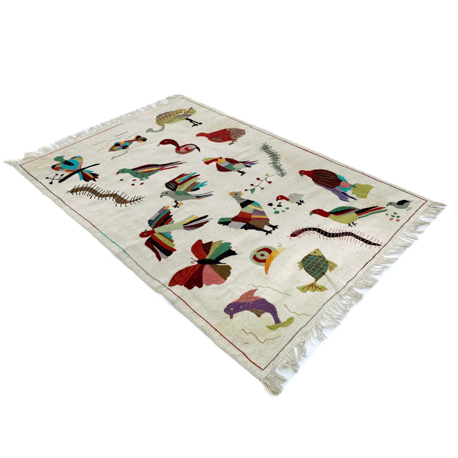 Embroidery Kilim Area Rug Handmade Beige Animal 4x6 ft