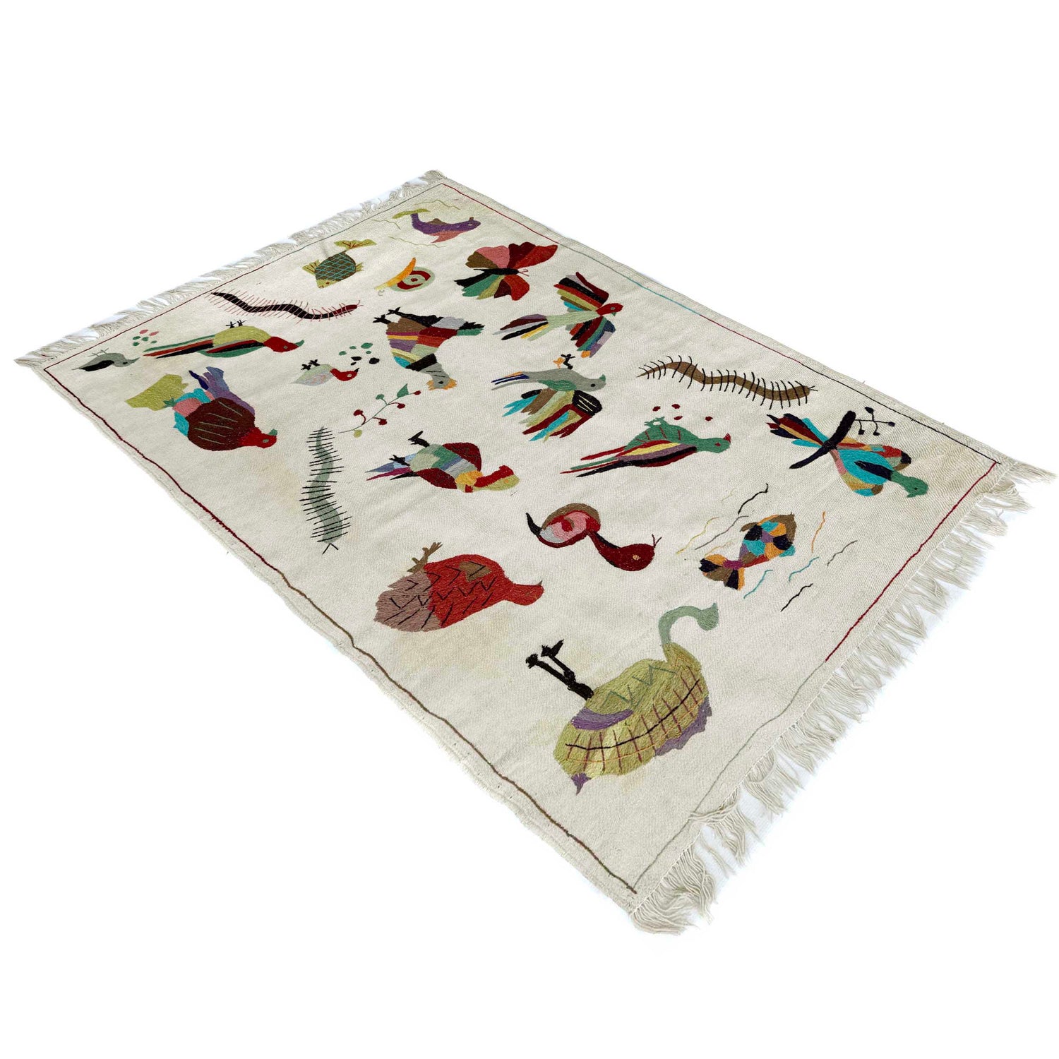 Embroidery Kilim Area Rug Handmade Beige Animal 4x6 ft
