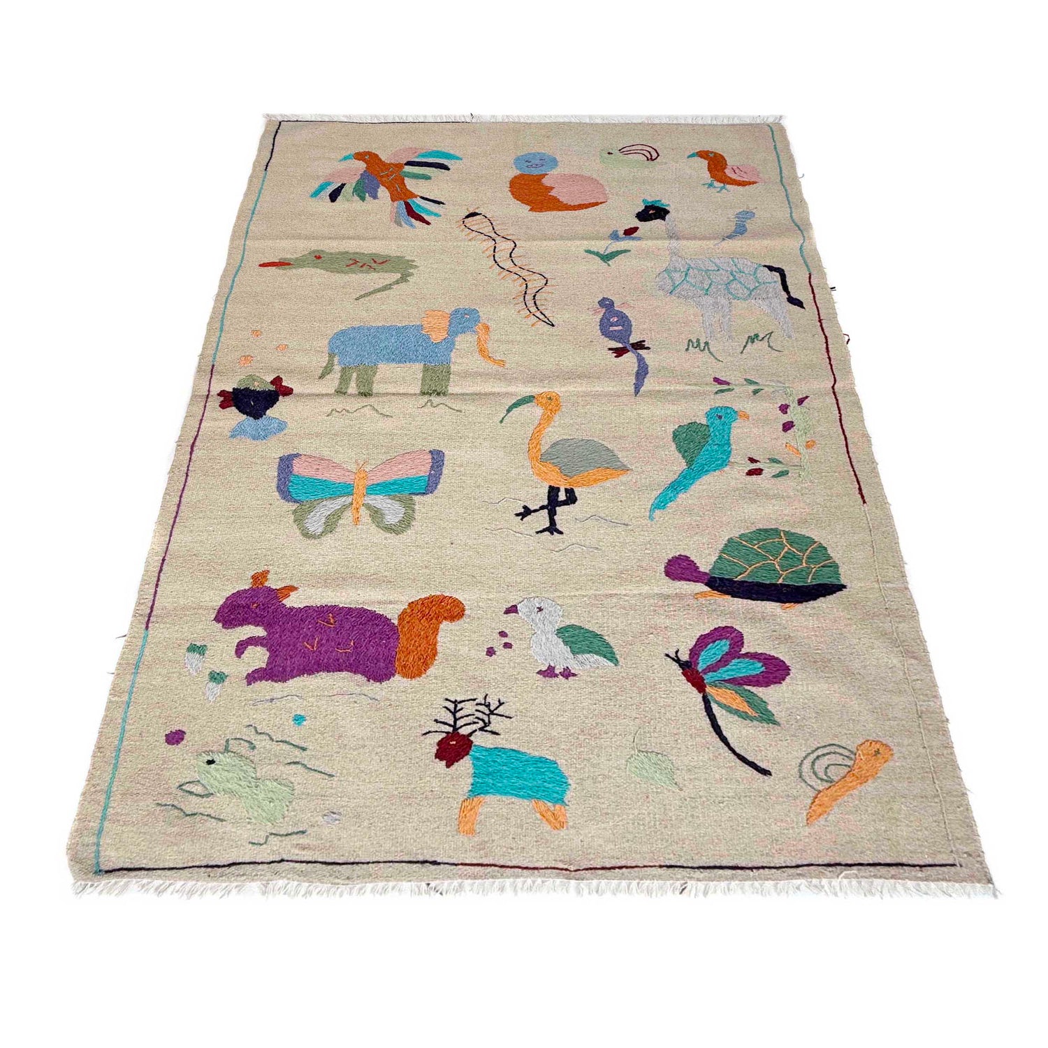 Embroidery Kilim Area Rug Handmade Beige Animal 4x6 ft