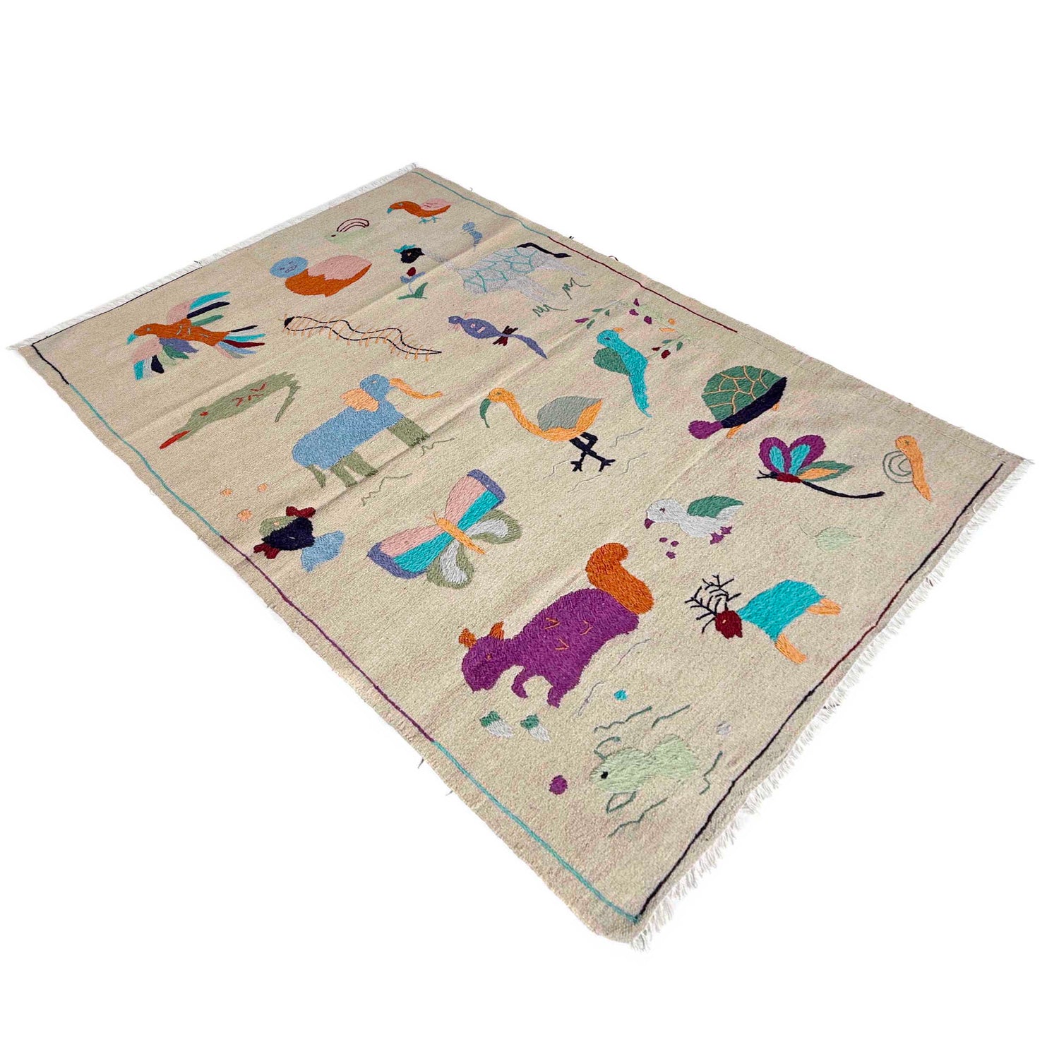 Embroidery Kilim Area Rug Handmade Beige Animal 4x6 ft