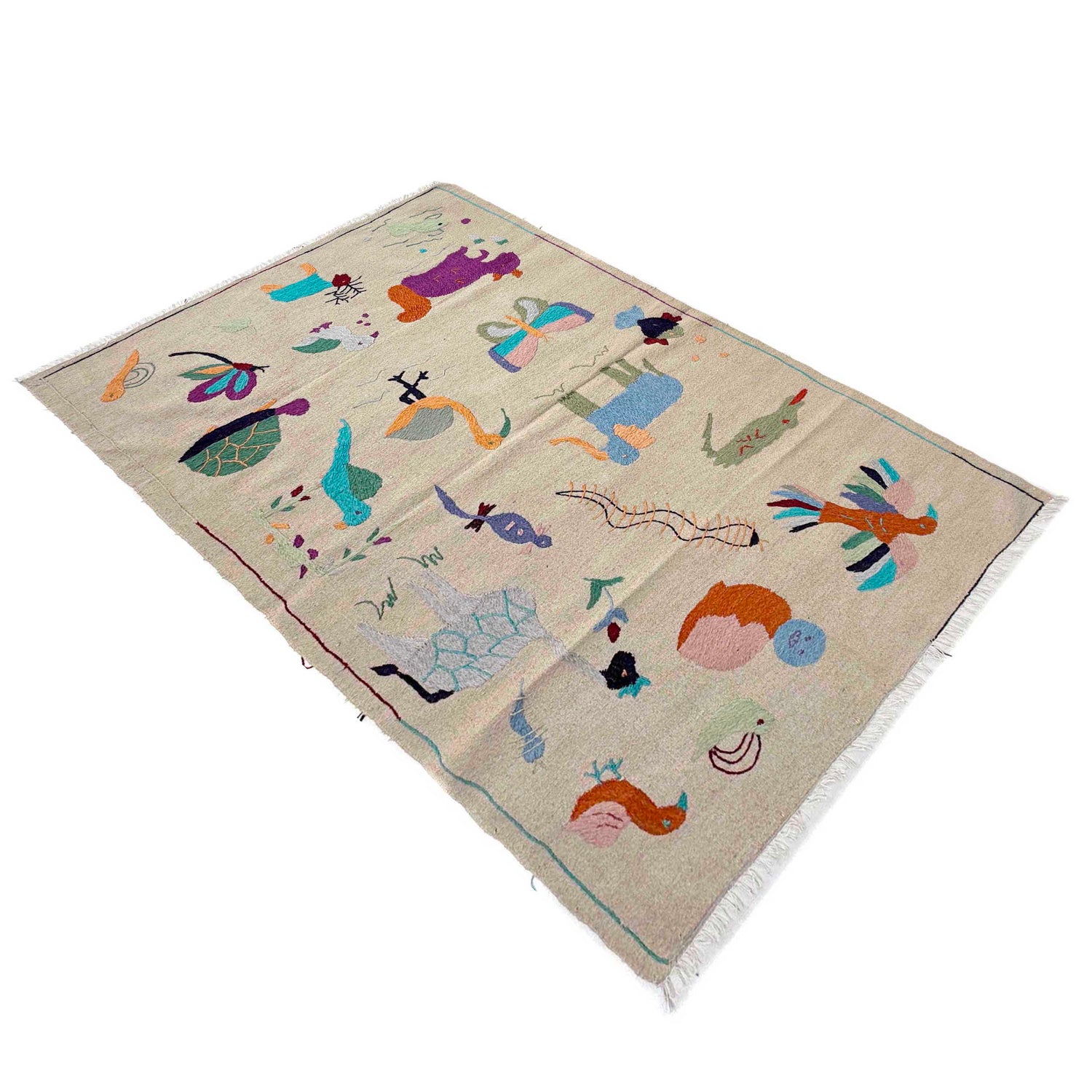 Embroidery Kilim Area Rug Handmade Beige Animal 4x6 ft