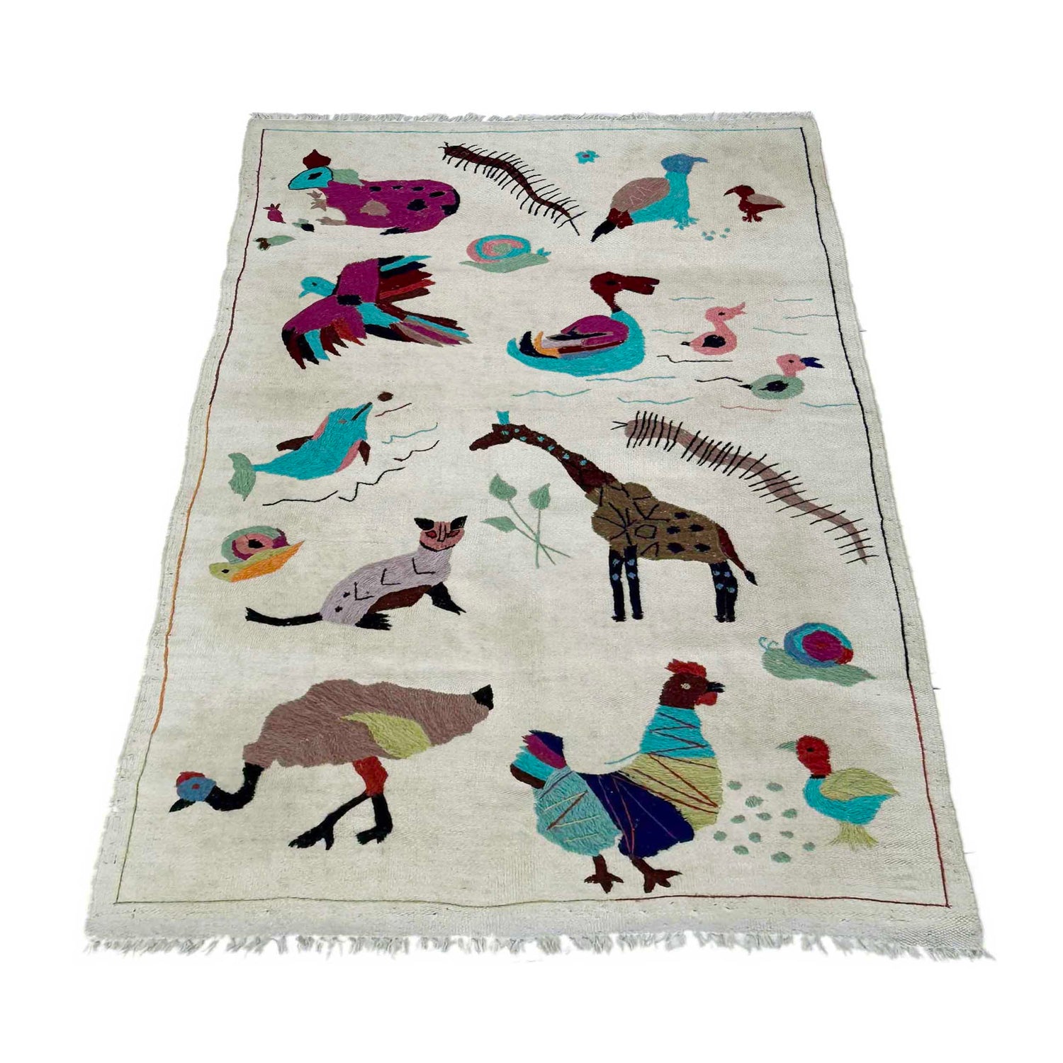 Embroidery Kilim Area Rug Handmade Beige Animal 3x5 ft