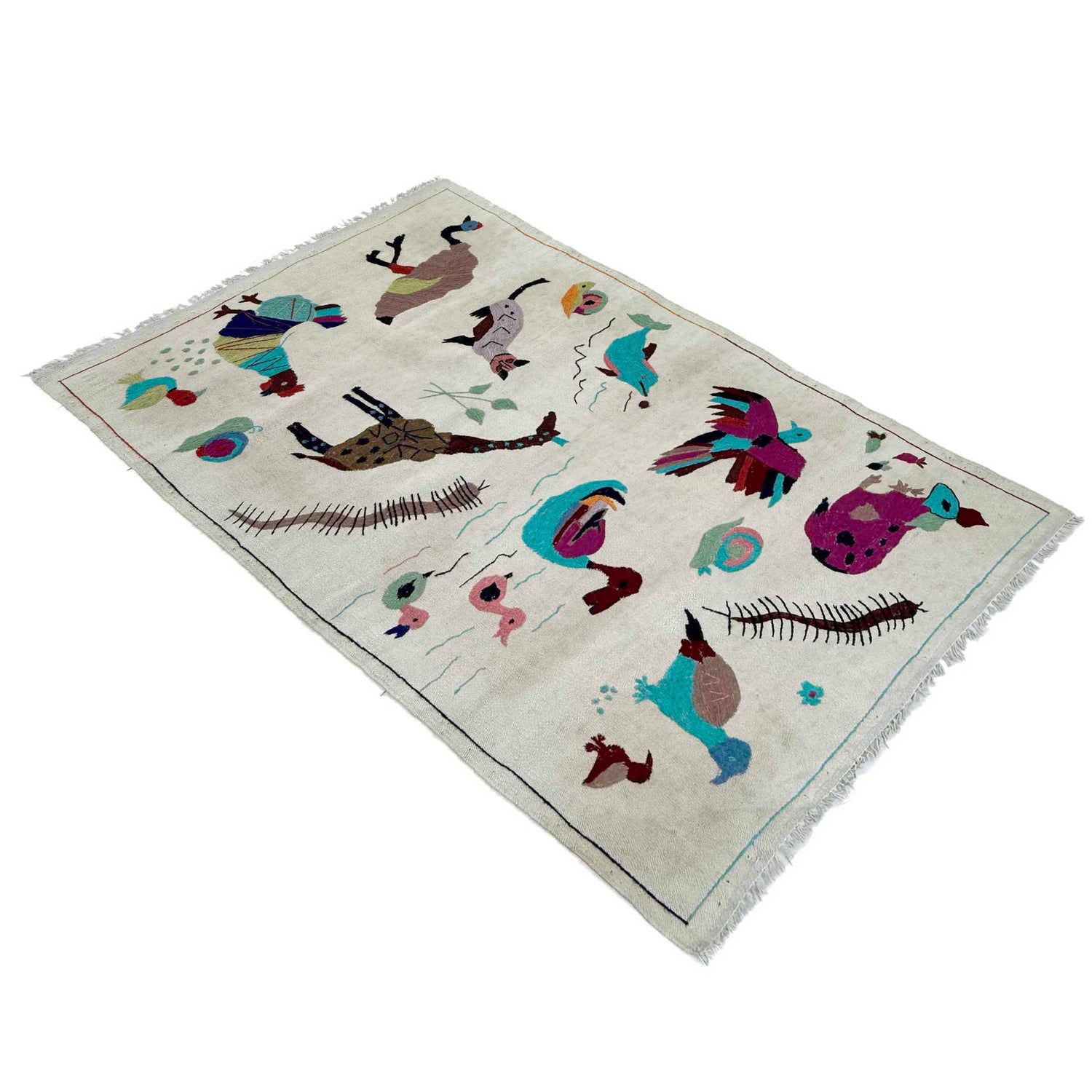 Embroidery Kilim Area Rug Handmade Beige Animal 3x5 ft