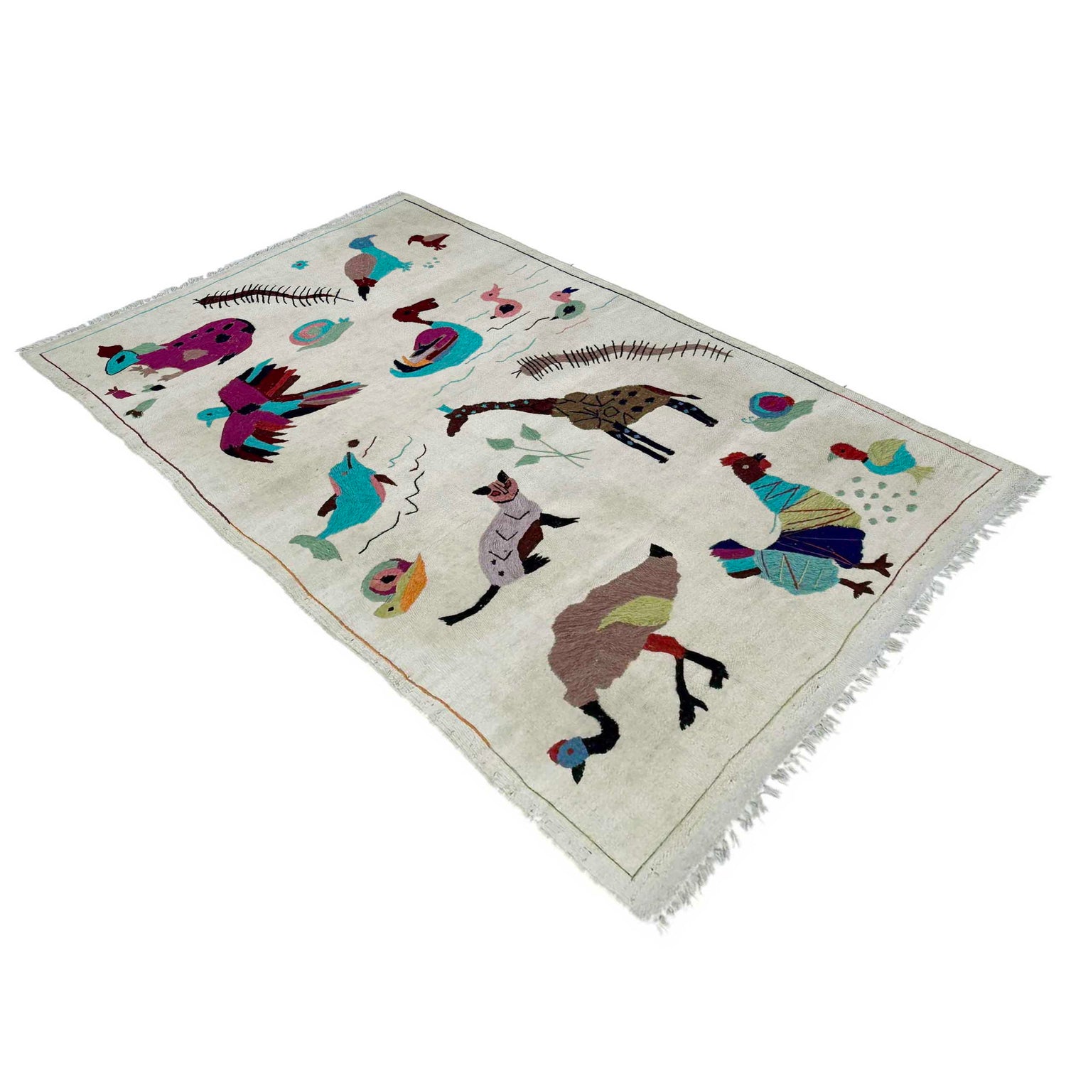 Embroidery Kilim Area Rug Handmade Beige Animal 3x5 ft
