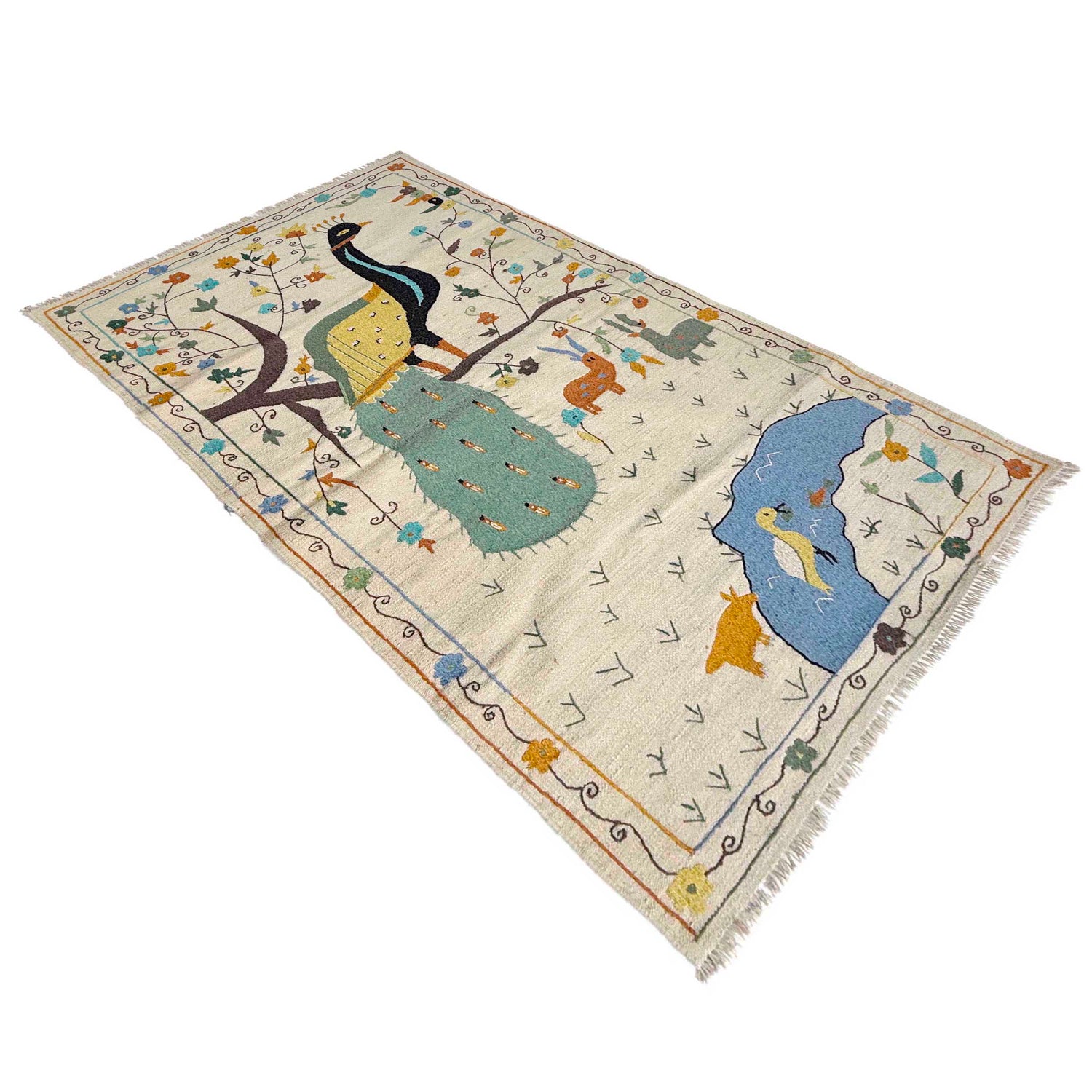 Embroidery Kilim Area Rug Handmade Beige Animal 4x6 ft