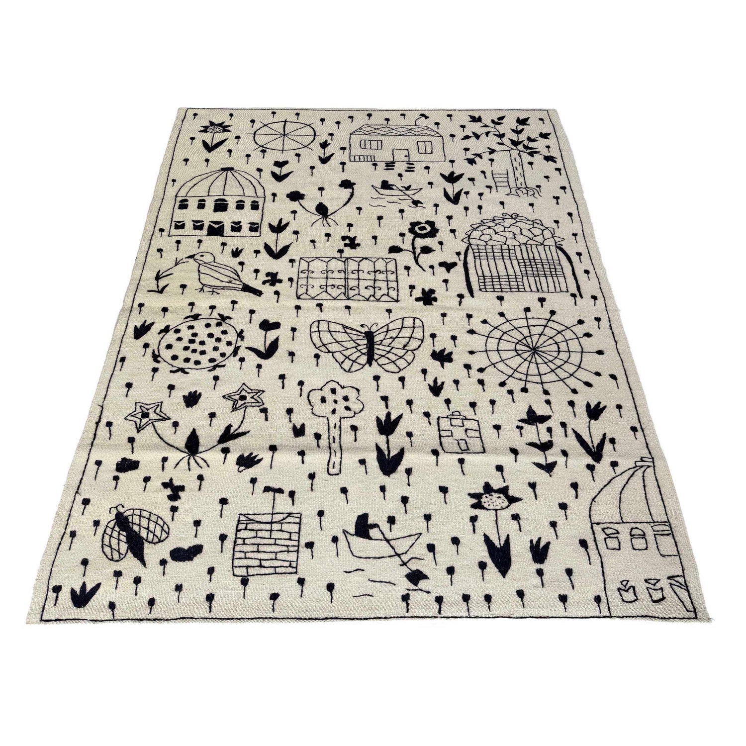 Embroidery Kilim Area Rug Handmade Beige Animal 4x6 ft