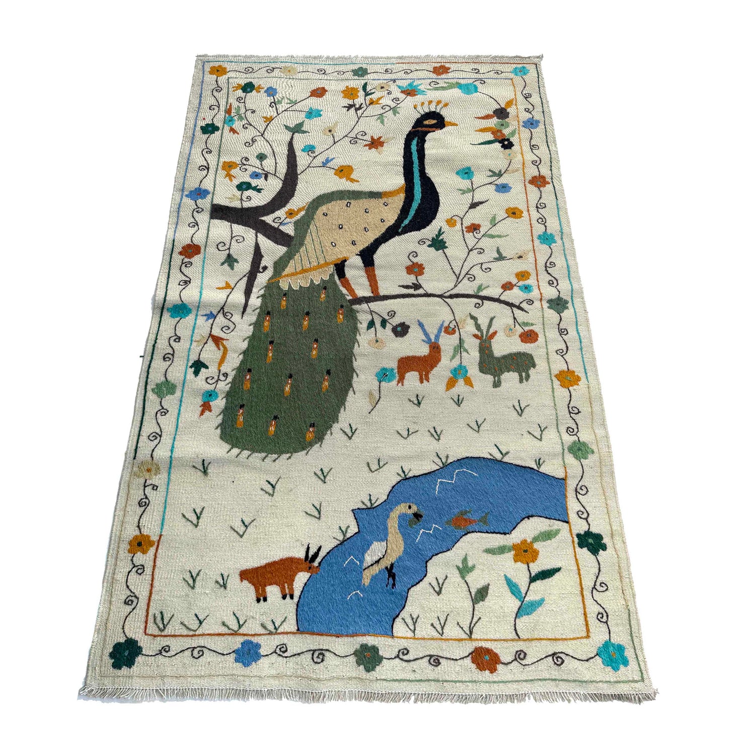 Embroidery Kilim Area Rug Handmade Beige Animal 4x6 ft