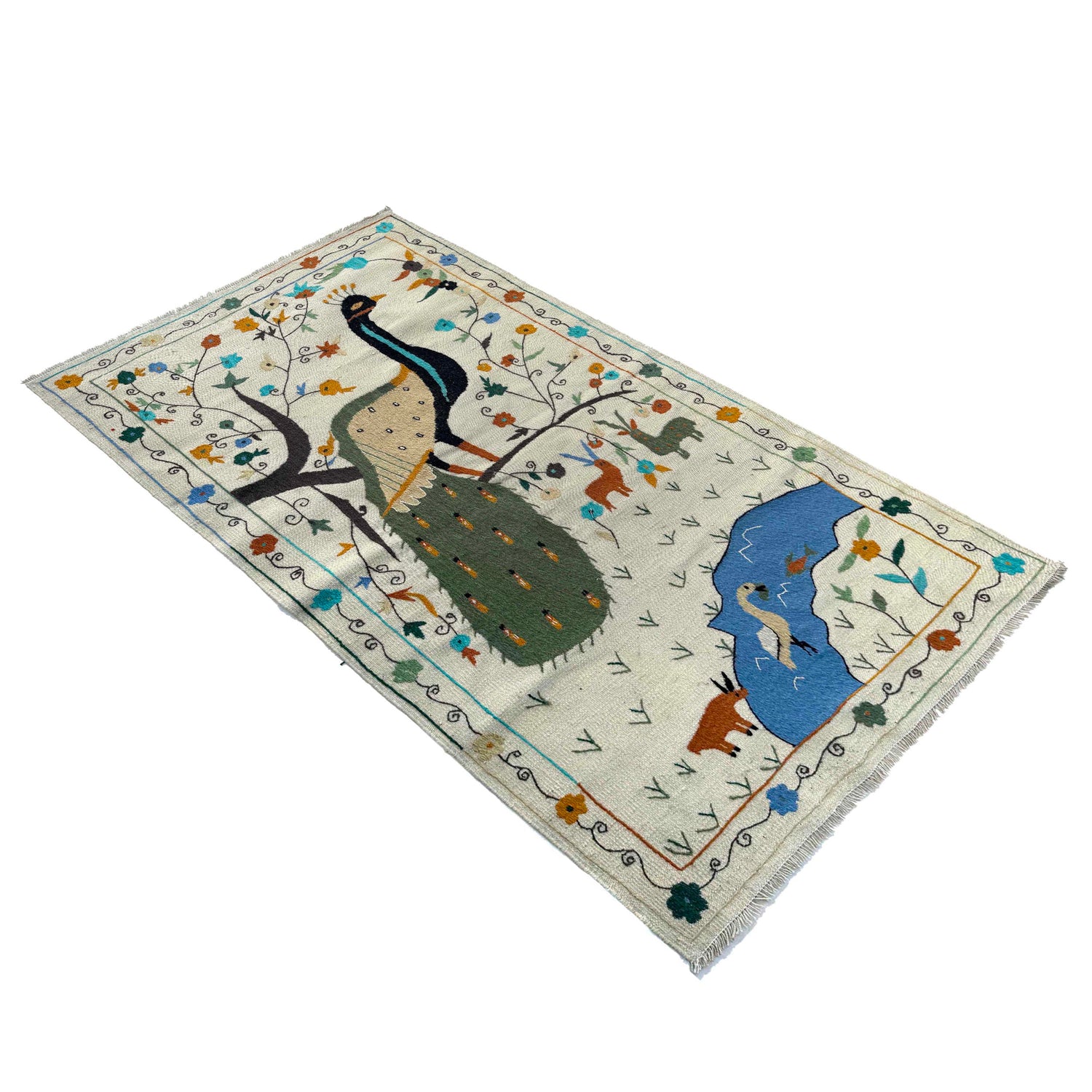Embroidery Kilim Area Rug Handmade Beige Animal 4x6 ft