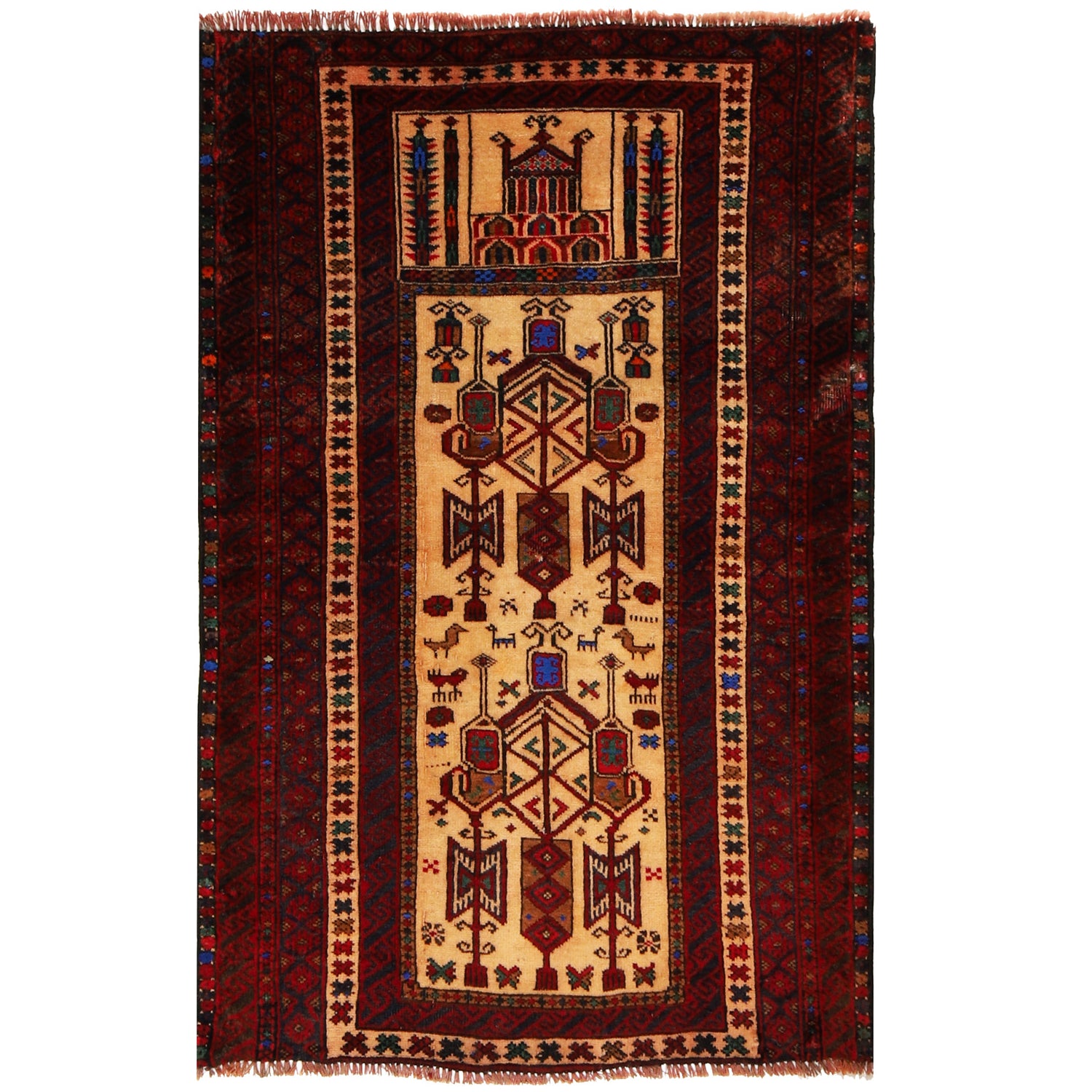 Baluchi Rug Handmade Beige Prayer Design 2x4 ft