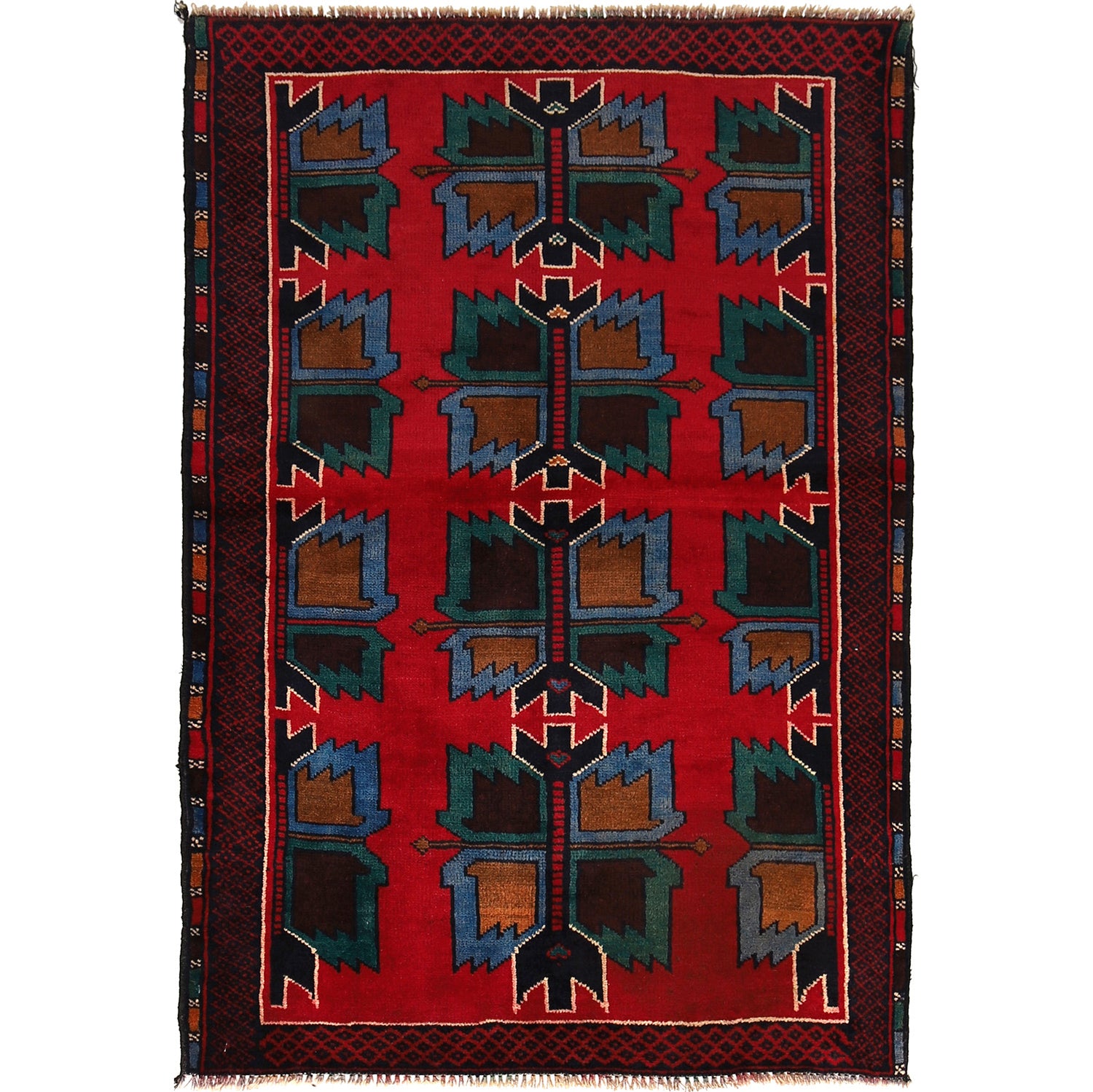 Baluchi Rug Handmade Red Geometric 2x4 ft