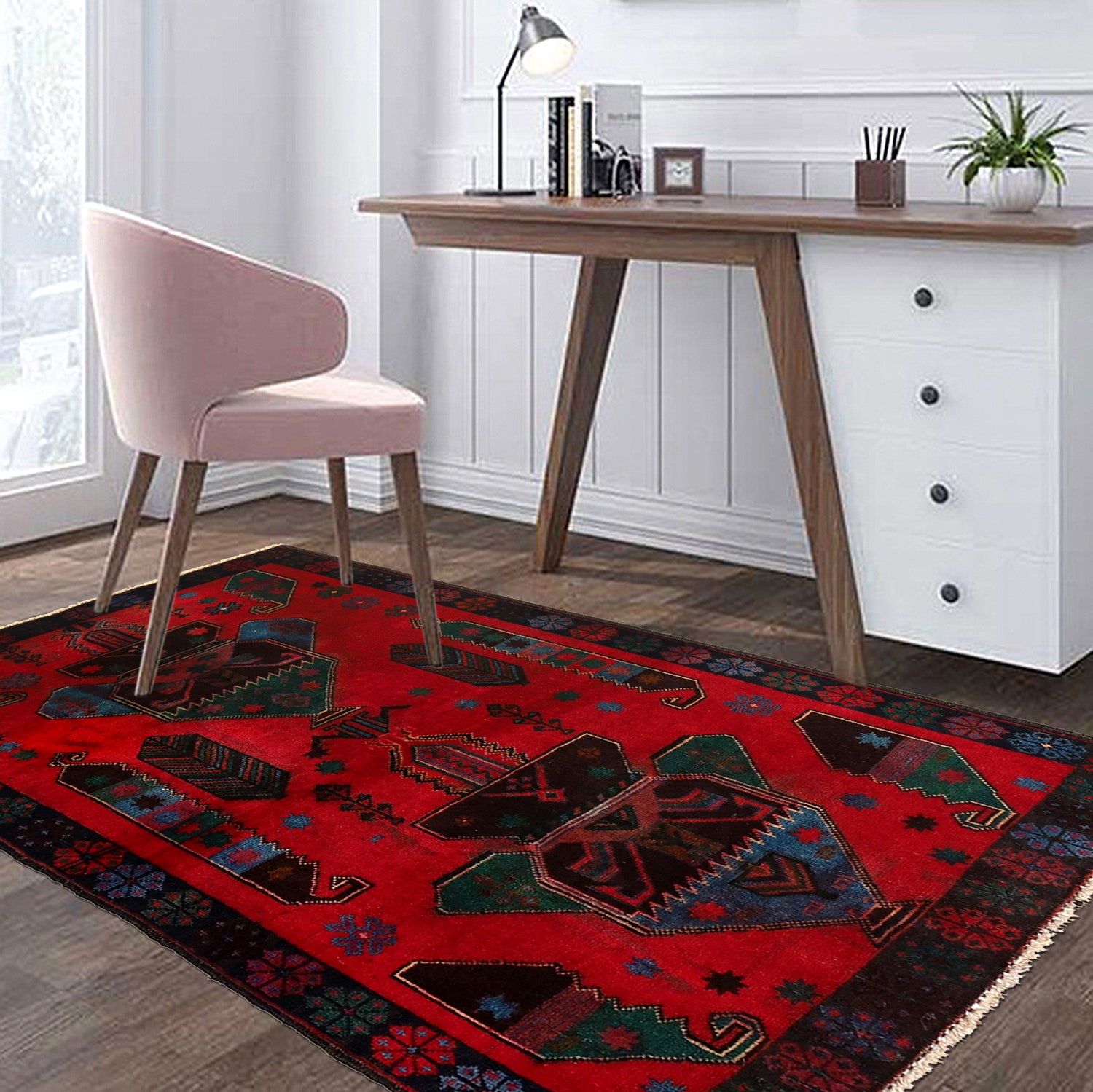 Baluchi Rug Handmade Red Geometric 3x5 ft