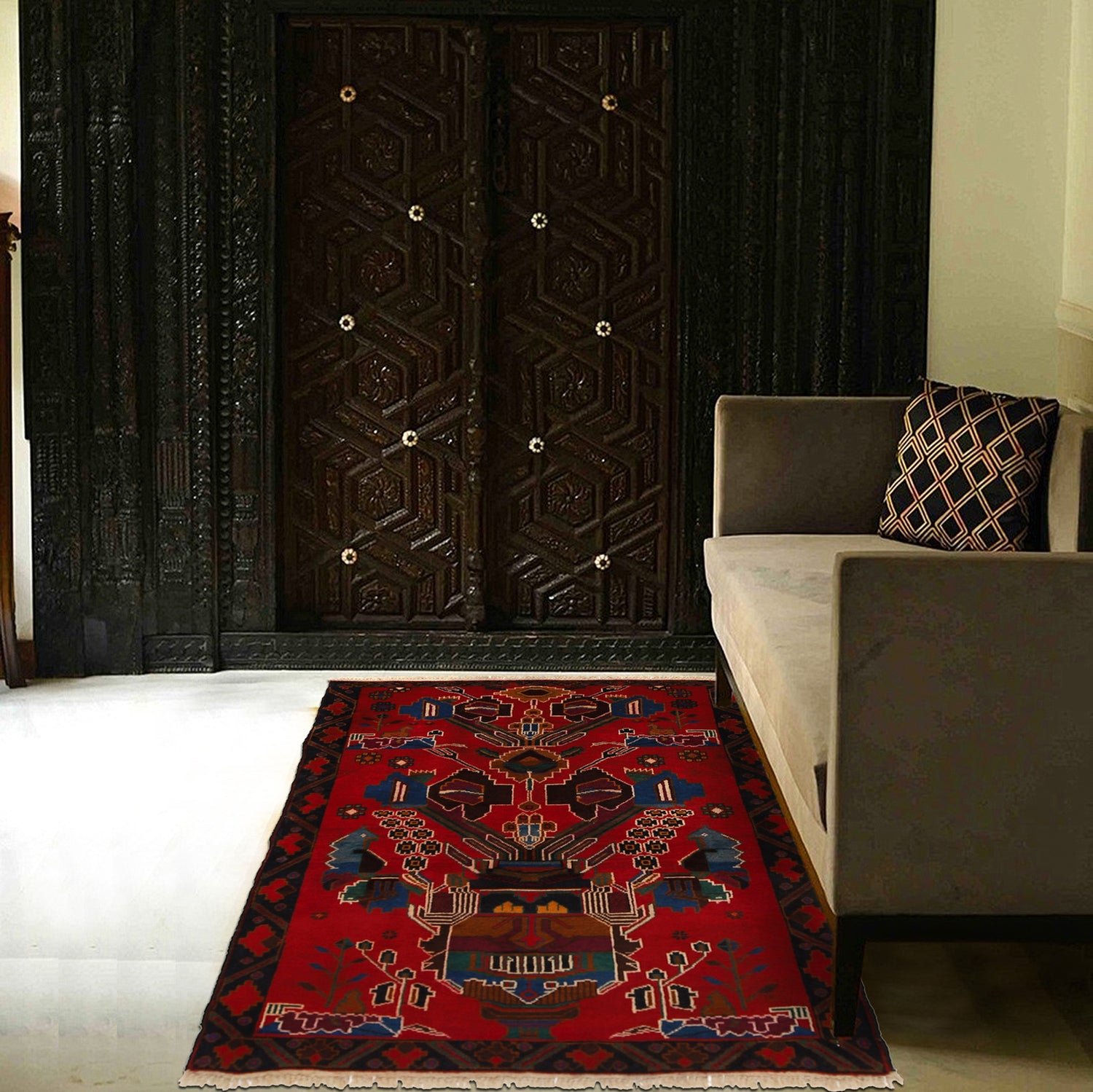 Baluchi Rug Handmade Red Geometric 3x5 ft