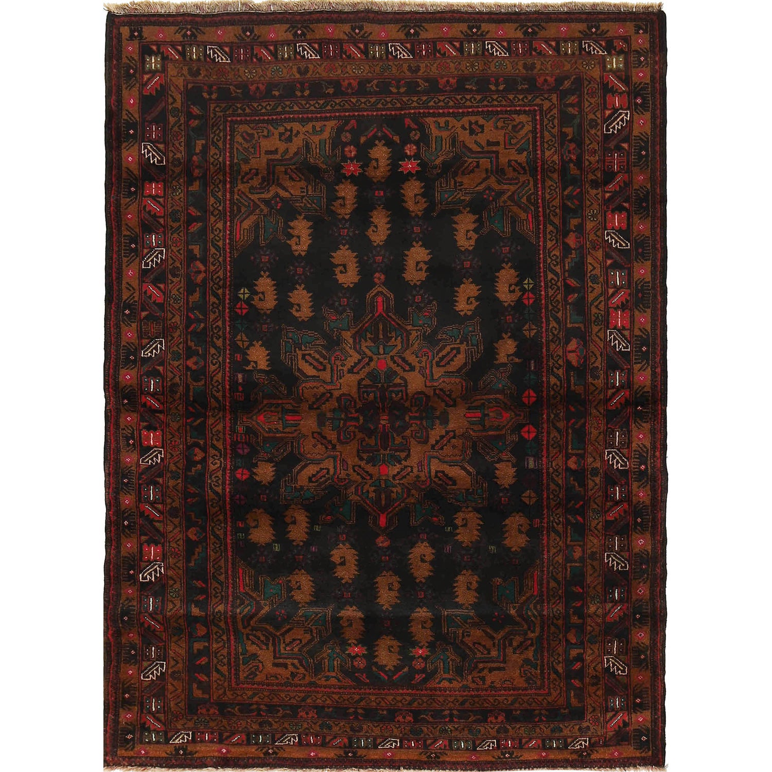 Baluchi Rug Handmade Black Geometric 4x6 ft