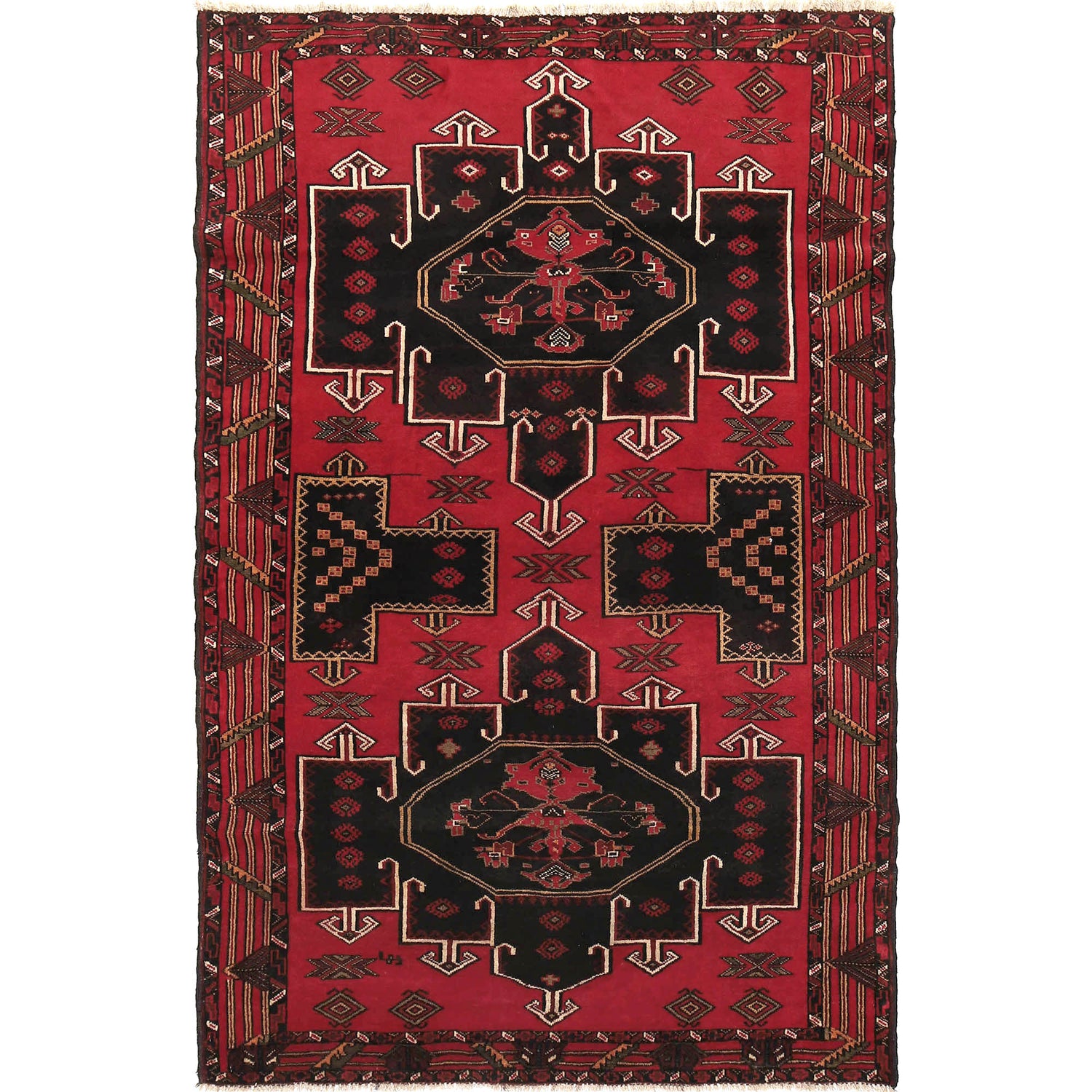 Baluchi Rug Handmade Red Geometric 4x7 ft