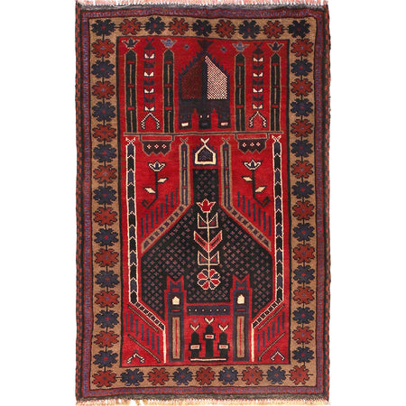 Baluchi Rug Handmade Red Prayer Design 3x5 ft