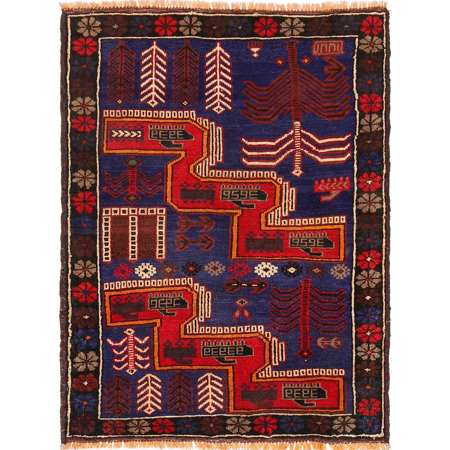 Baluchi Rug Handmade Navy Blue Floral 2x4 ft