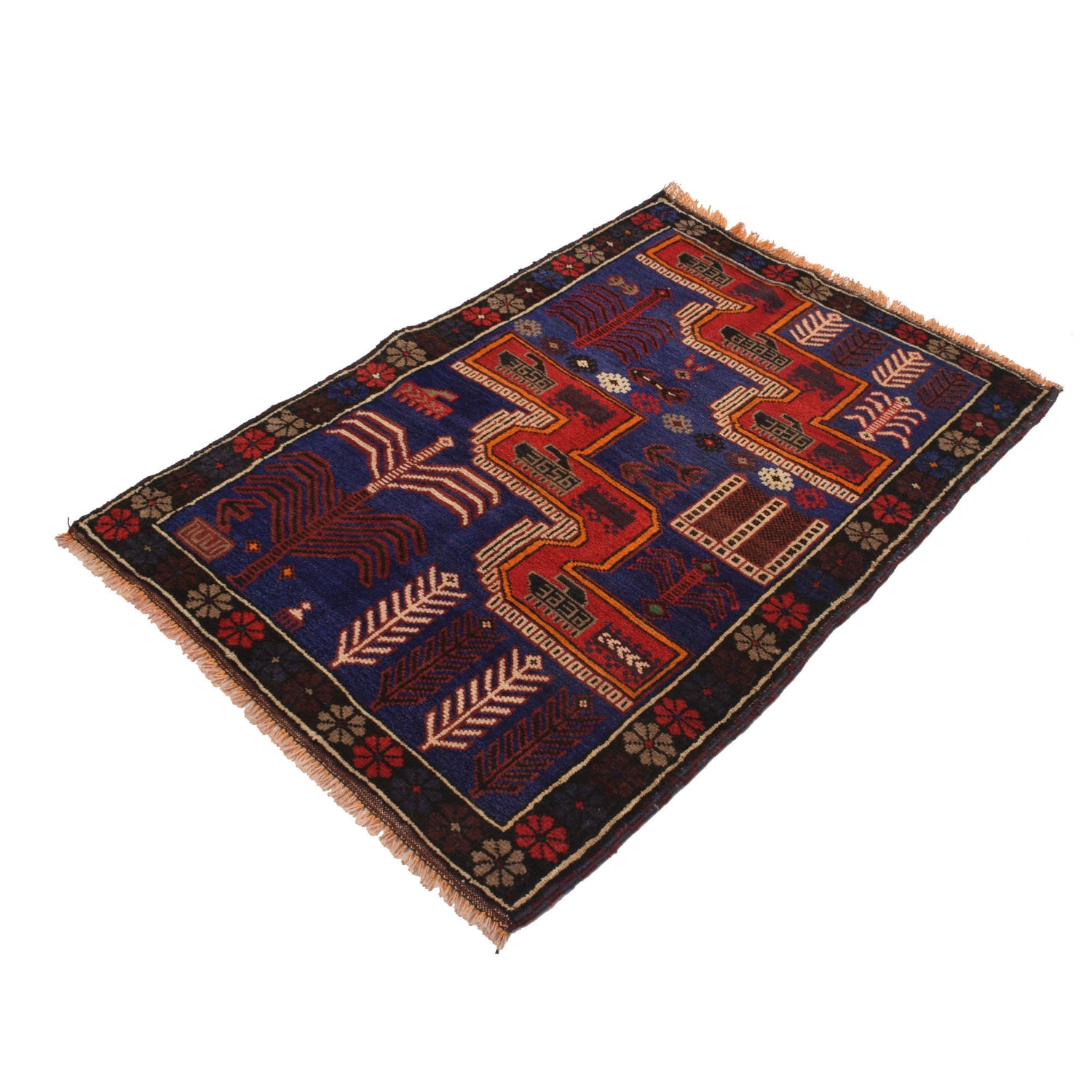 Baluchi Rug Handmade Navy Blue Floral 2x4 ft