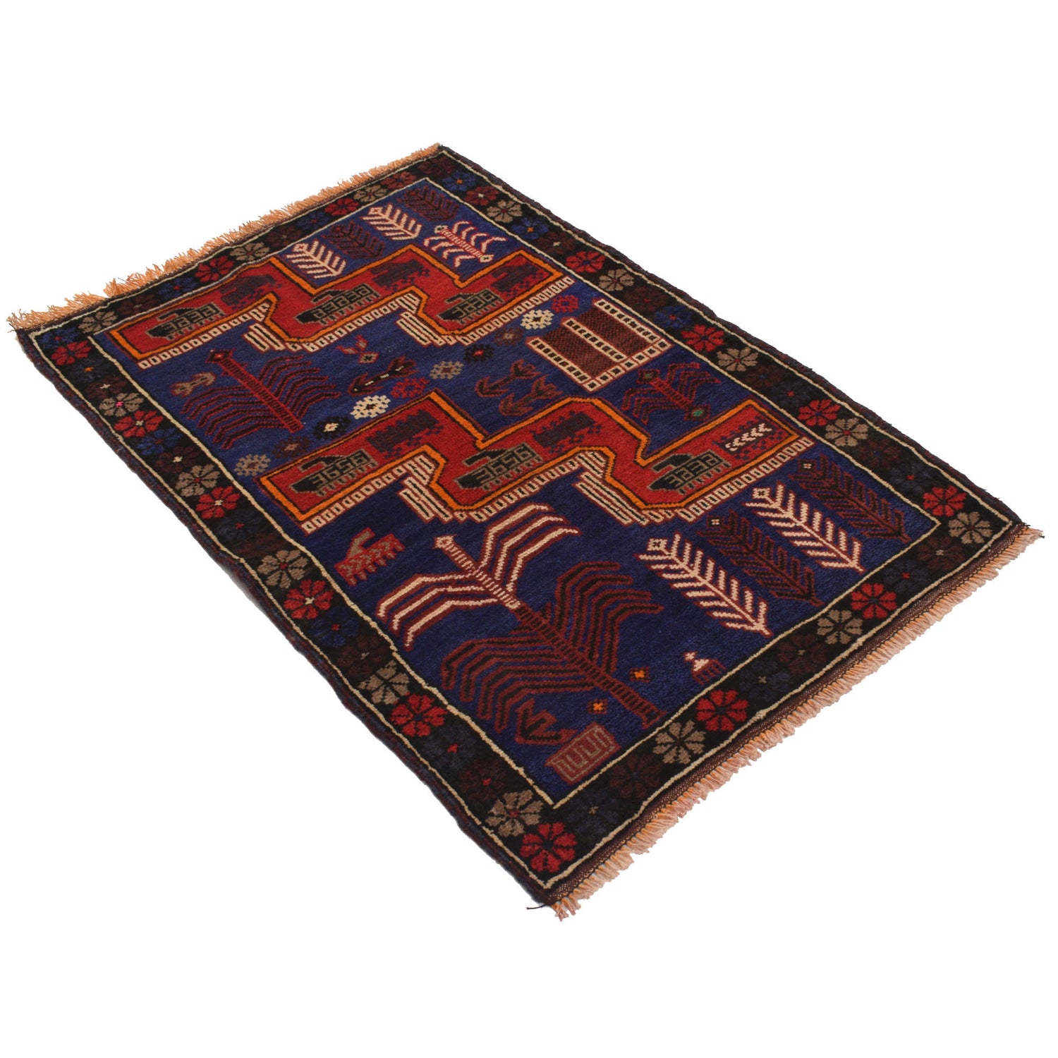 Baluchi Rug Handmade Navy Blue Floral 2x4 ft