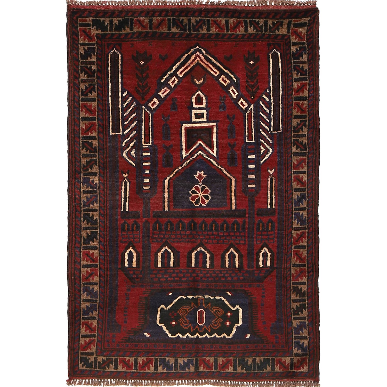 Baluchi Rug Handmade Red Prayer Design 2x4 ft