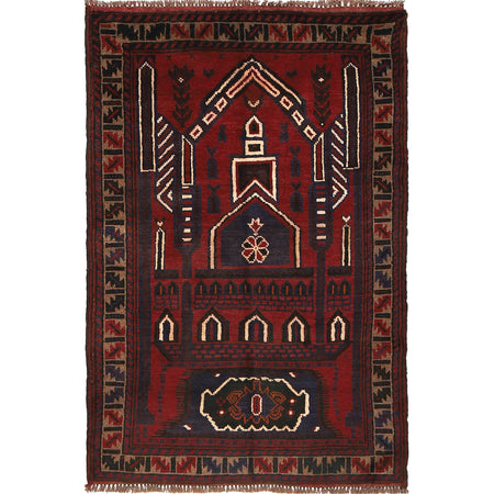 Baluchi Rug Handmade Red Prayer Design 2x4 ft