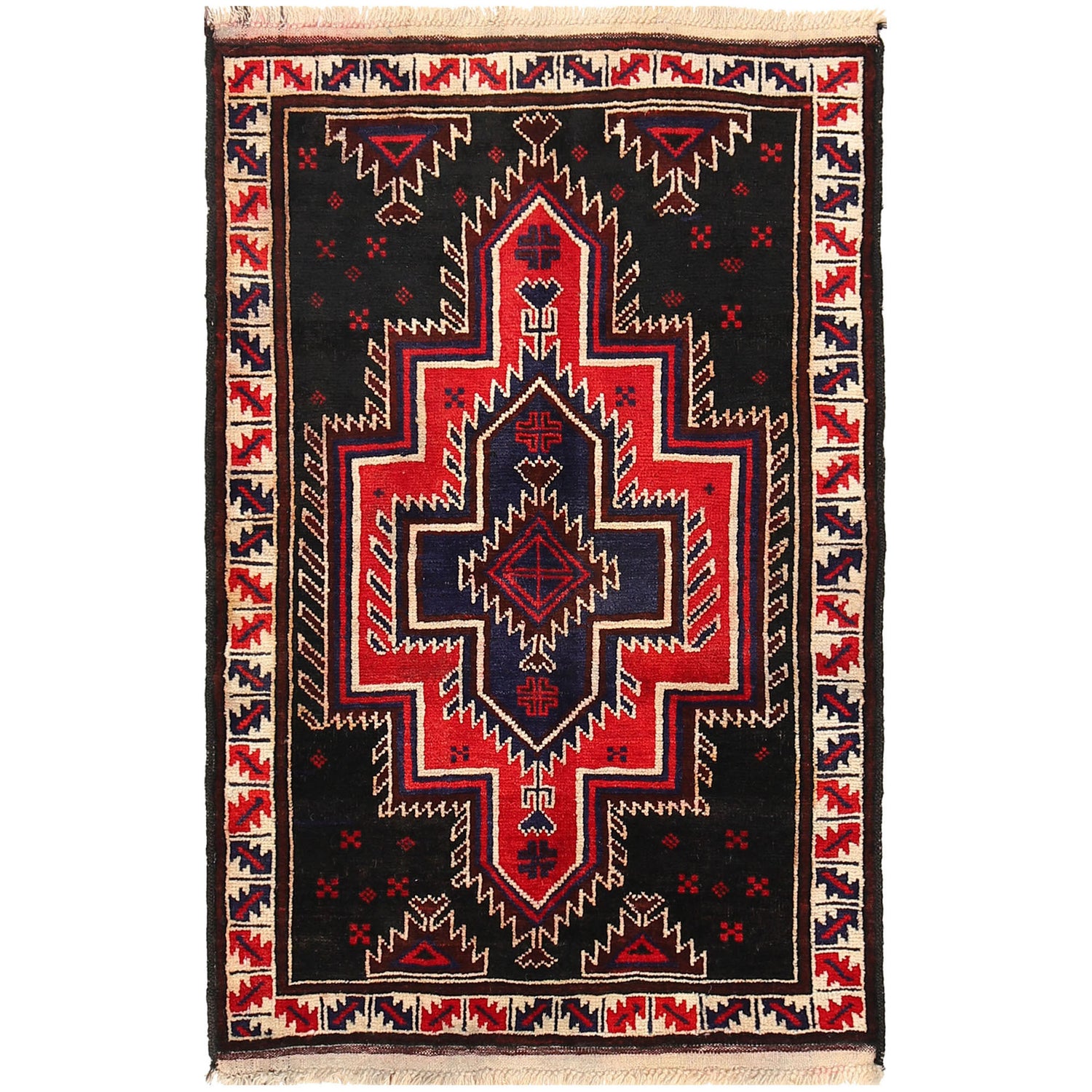 Baluchi Rug Handmade Black Floral 2x4 ft