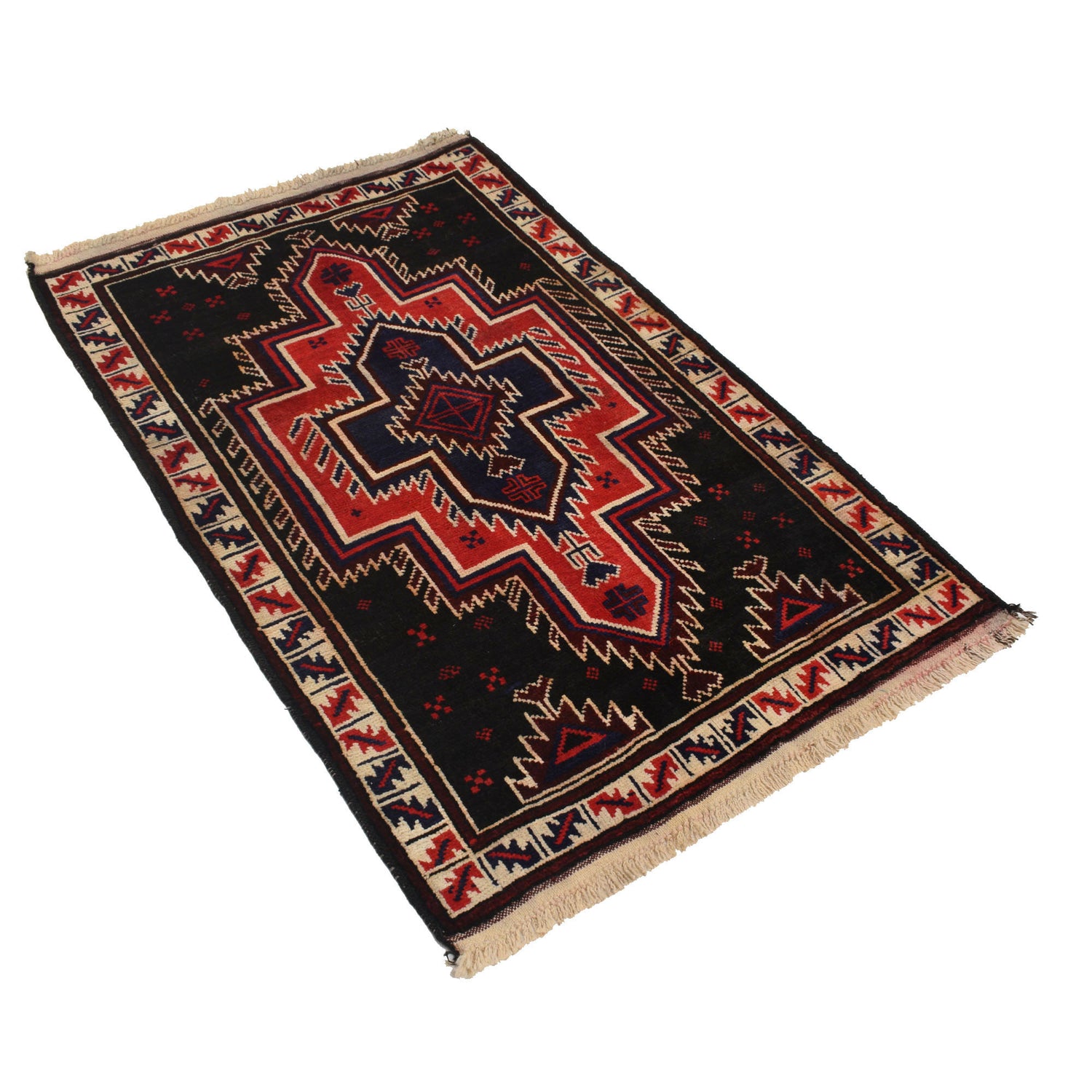 Baluchi Rug Handmade Black Floral 2x4 ft