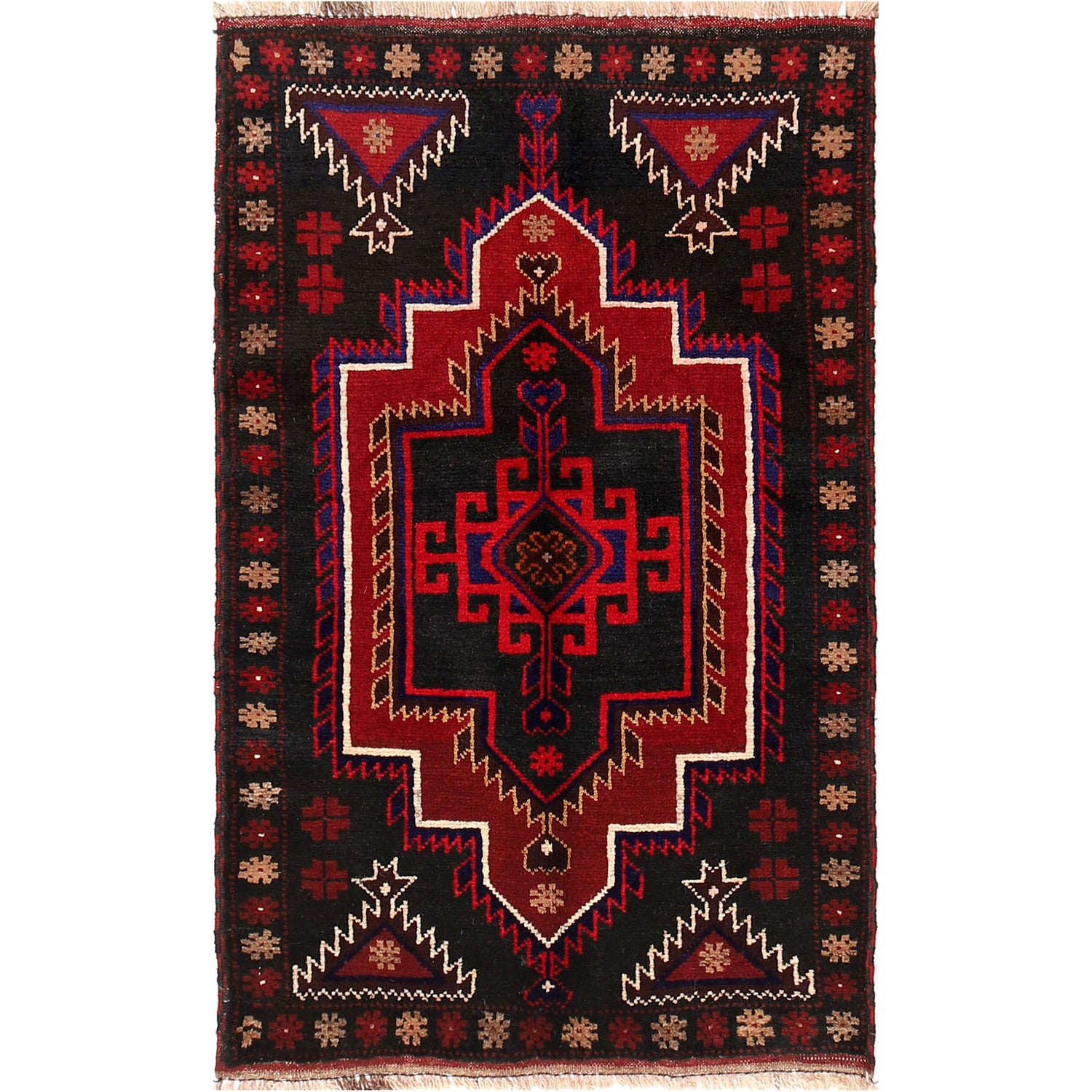 Baluchi Rug Handmade Black Floral 2x4 ft