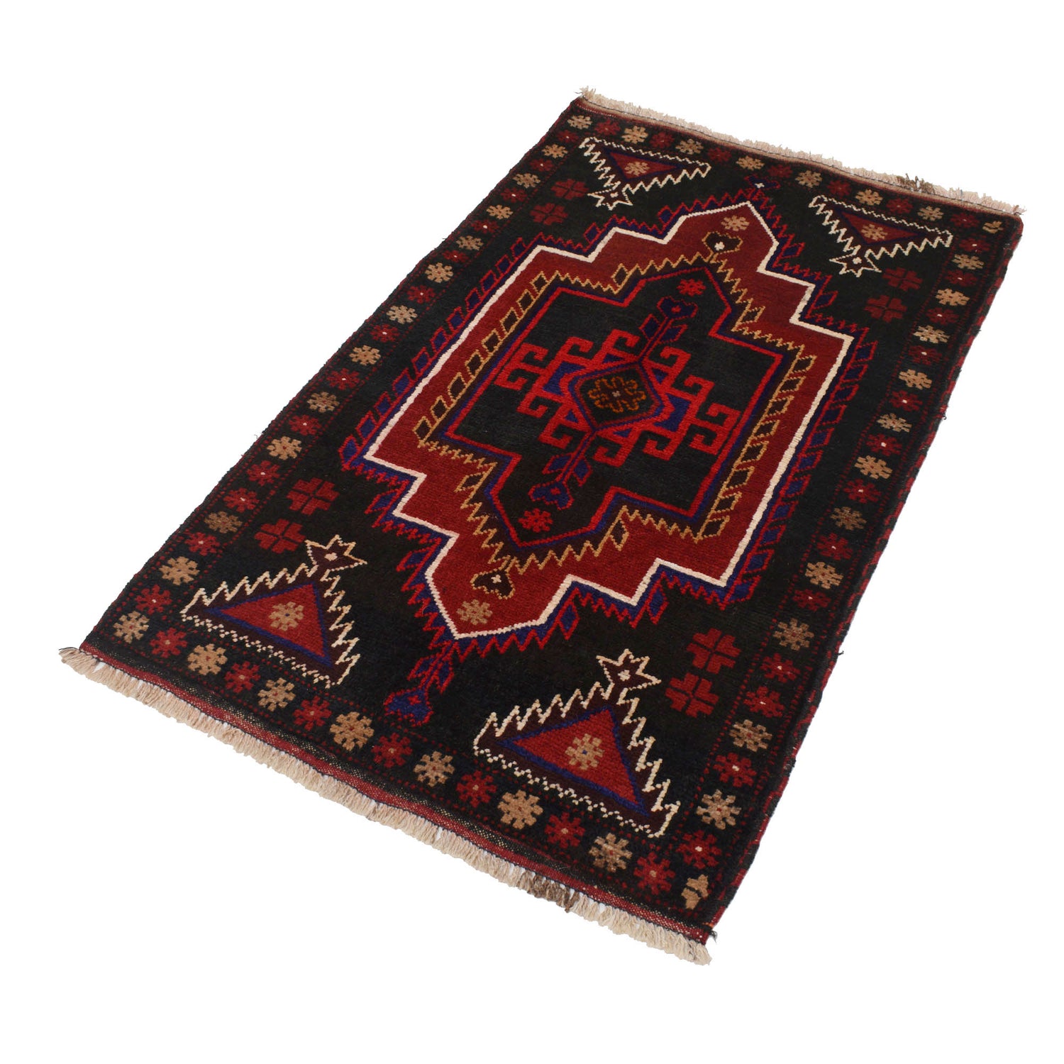 Baluchi Rug Handmade Black Floral 2x4 ft
