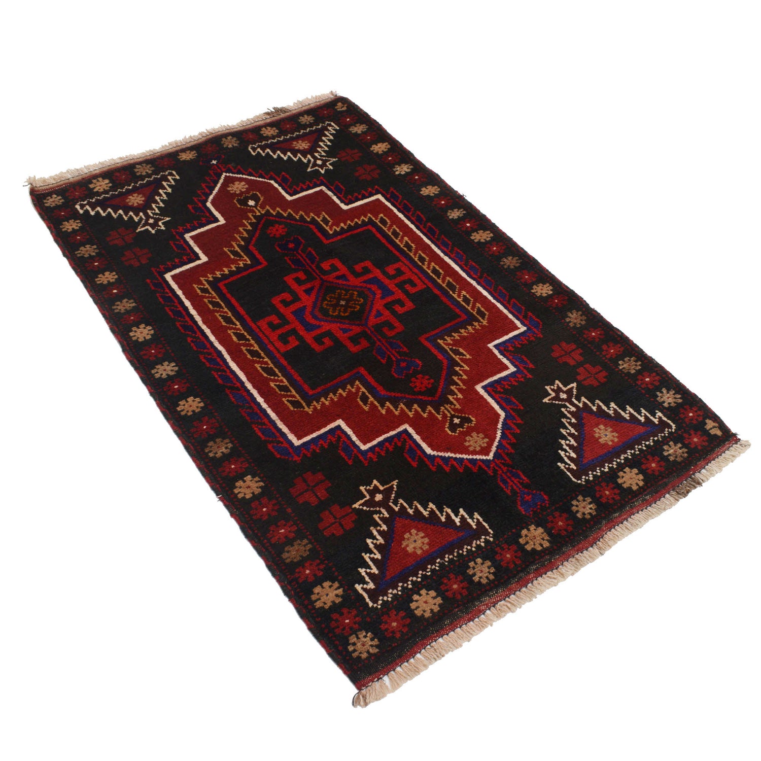 Baluchi Rug Handmade Black Floral 2x4 ft
