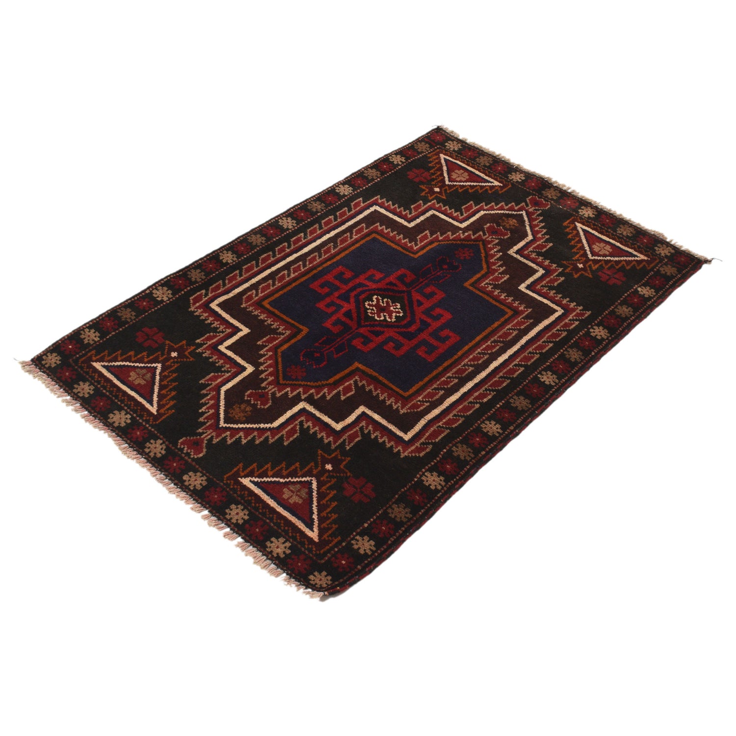 Baluchi Rug Handmade Black Floral 2x4 ft