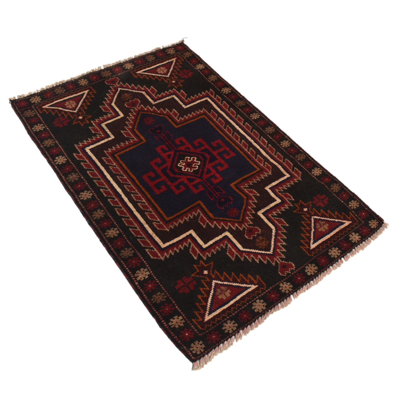 Baluchi Rug Handmade Black Floral 2x4 ft
