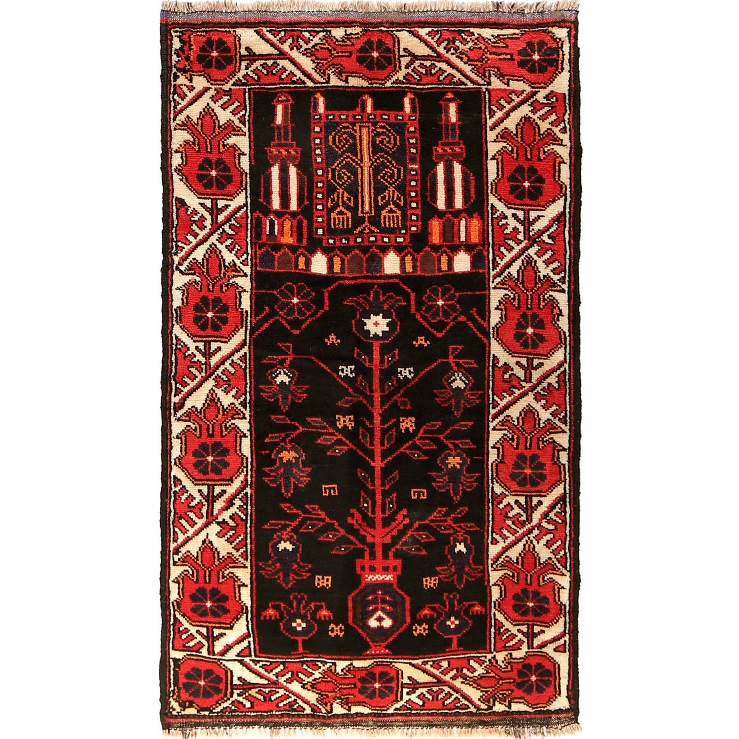 Baluchi Rug Handmade Black Prayer Design 3x5 ft