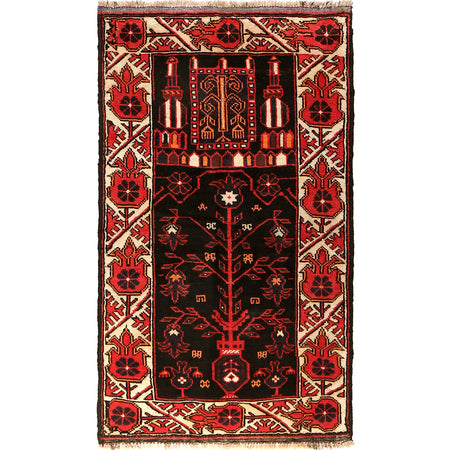 Baluchi Rug Handmade Black Prayer Design 3x5 ft