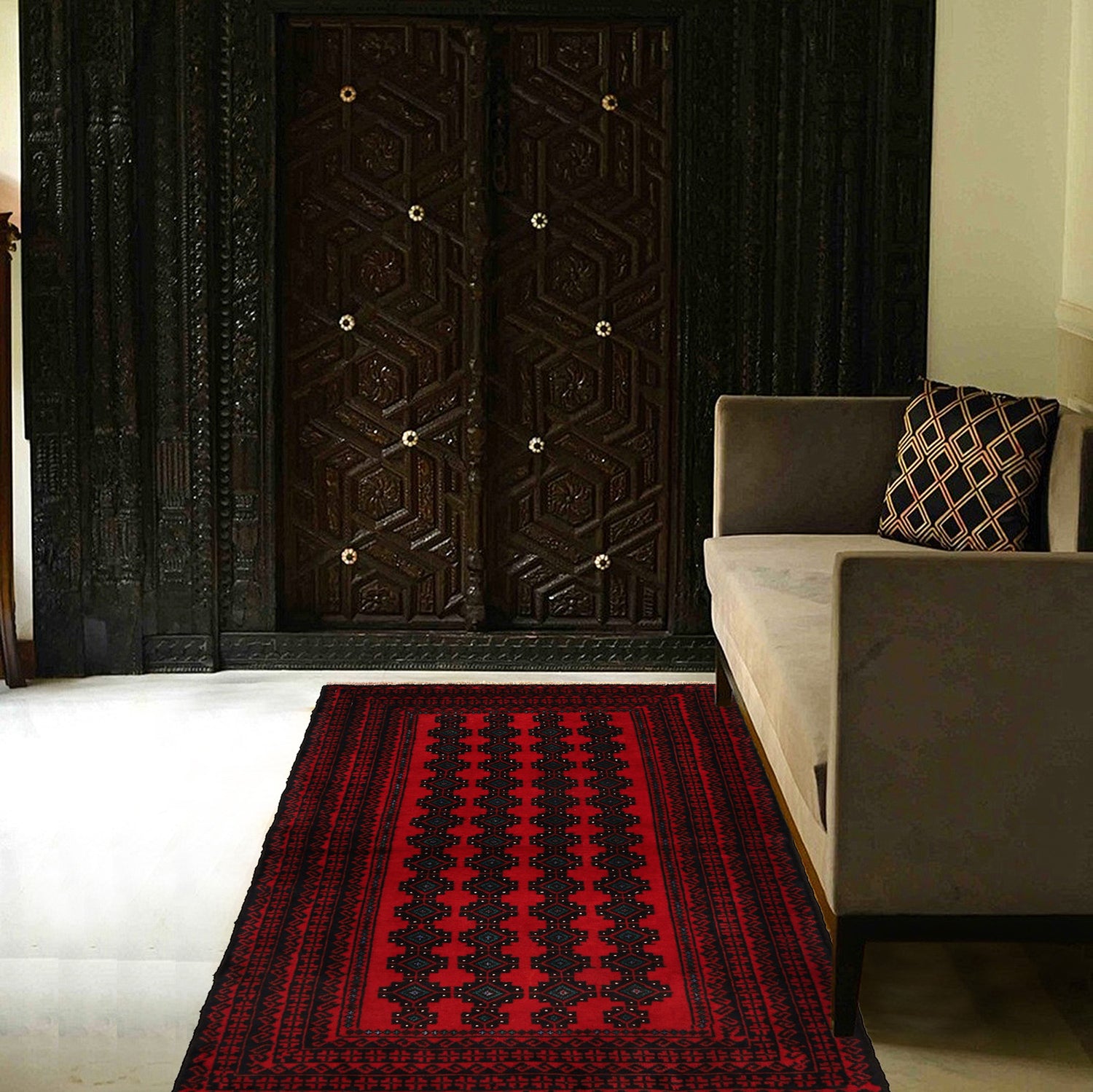 Baluchi Rug Handmade Red Geometric 3x5 ft