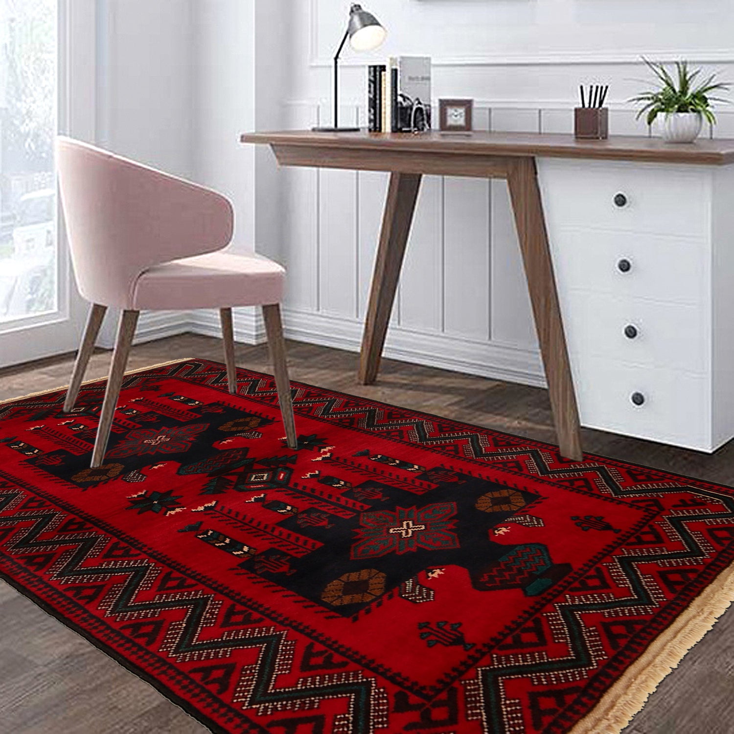 Baluchi Rug Handmade Red Geometric 3x5 ft