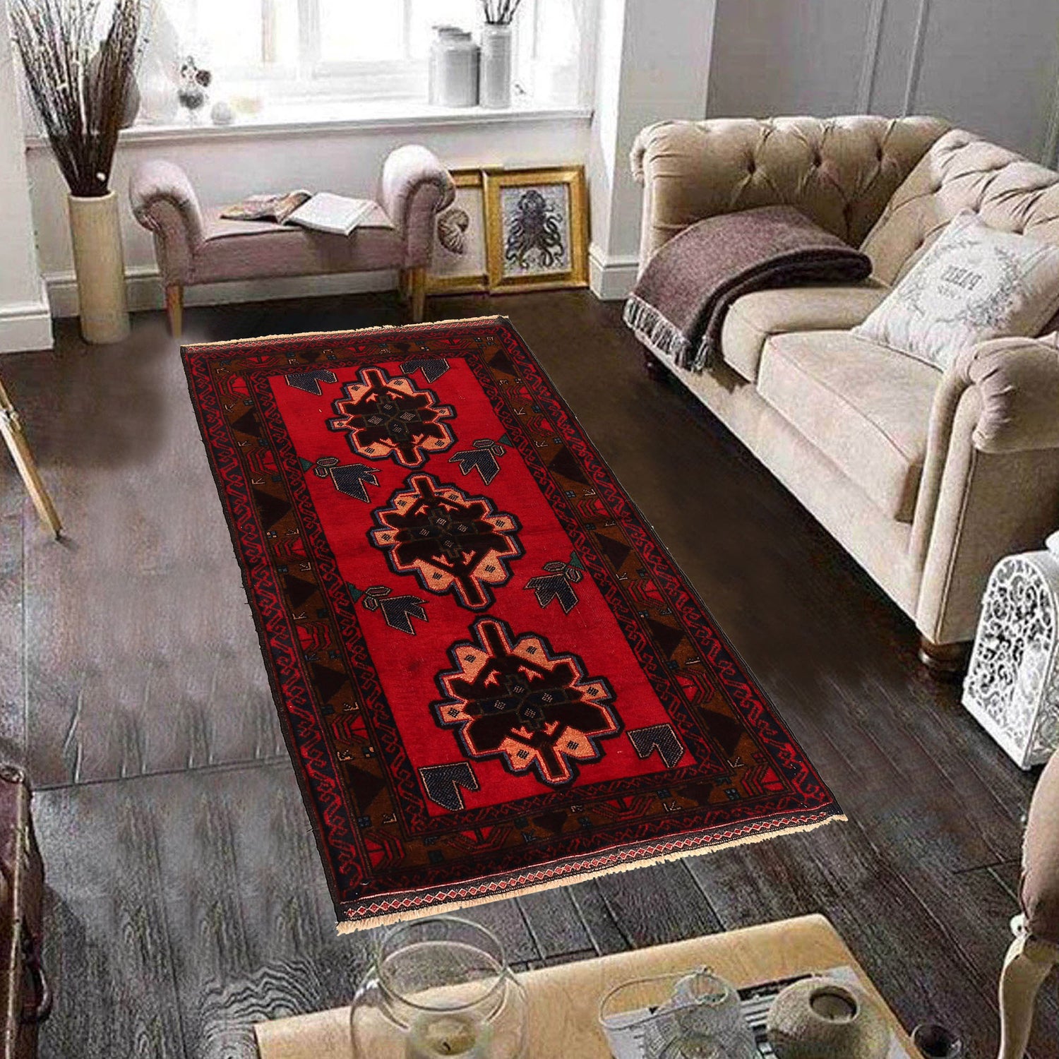 Baluchi Rug Handmade Red Geometric 3x5 ft