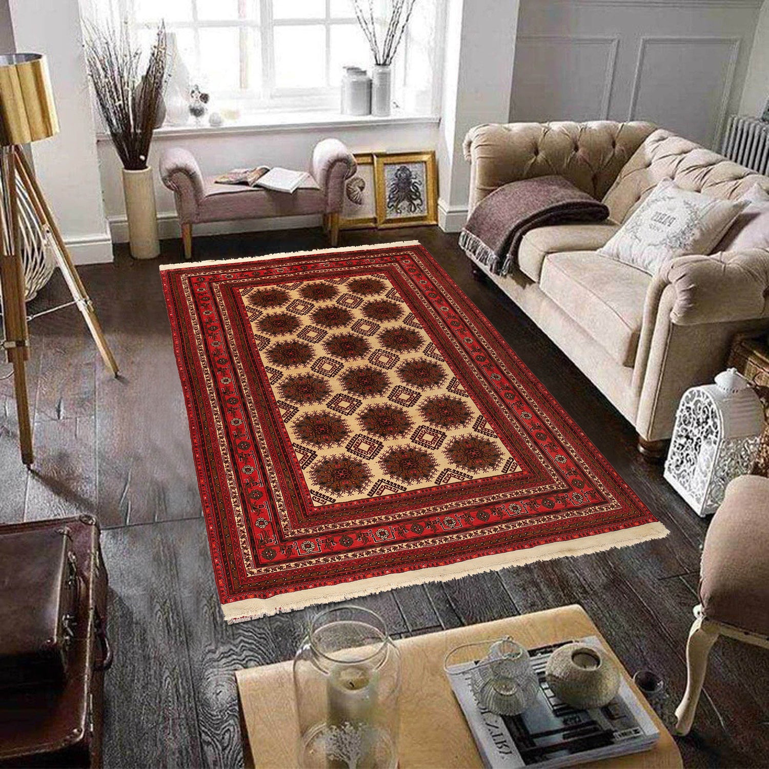 Oriental Area Rug Handmade Beige Geometric 7x10 ft