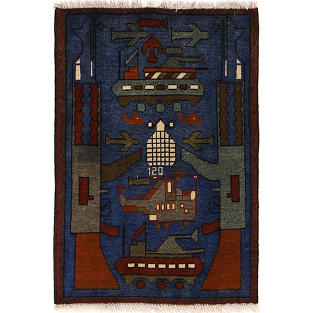 War Area Rug Handmade Blue Rifle 2 x 3 ft
