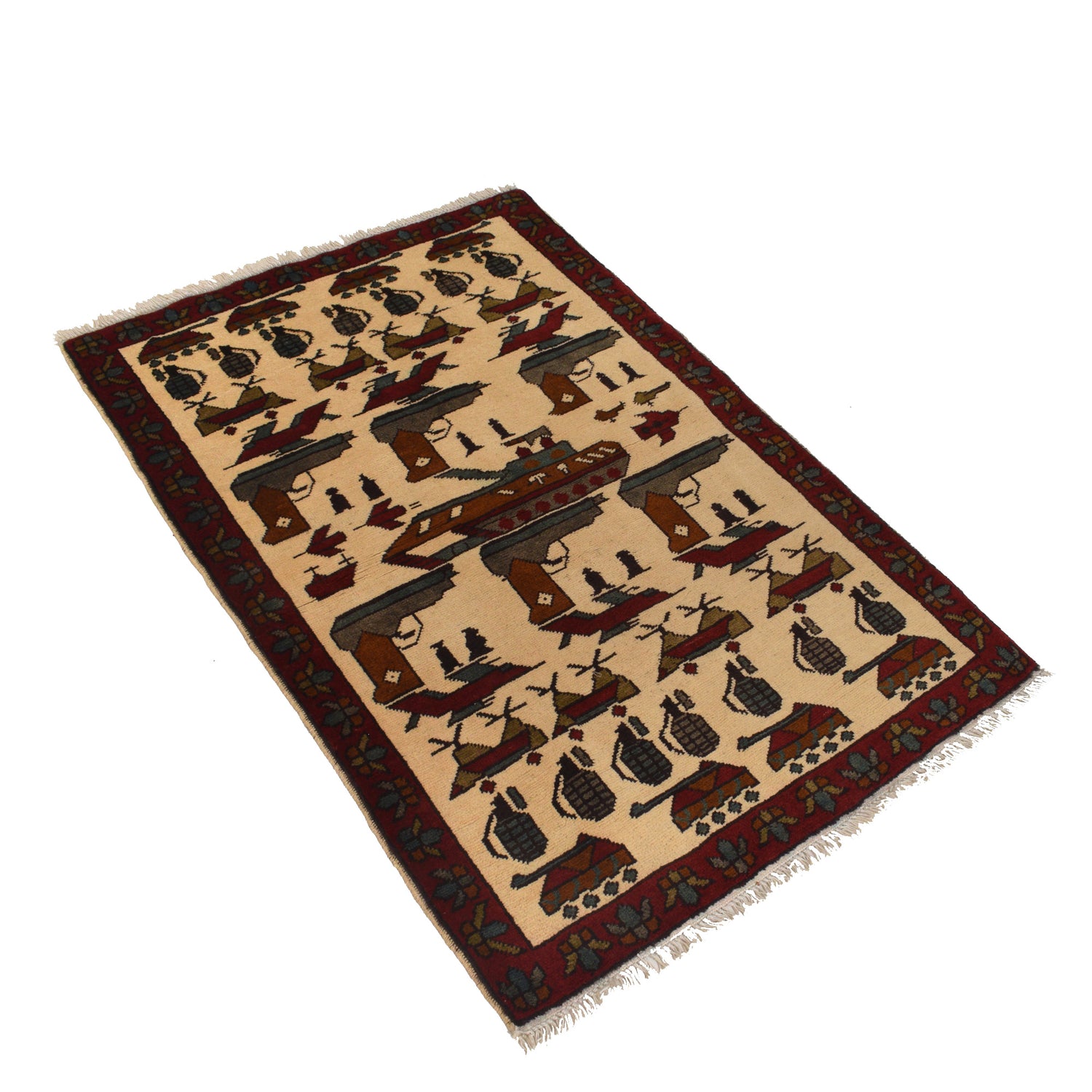 War Area Rug Handmade Ivory Gun + Tank + Grenade 2x4 ft