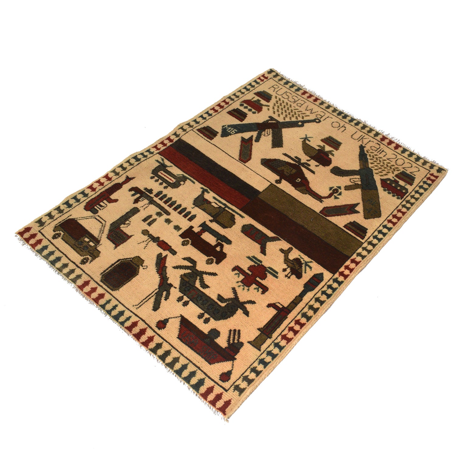War Area Rug Handmade Beige Helicopter + Weapon + Tank 2x4
