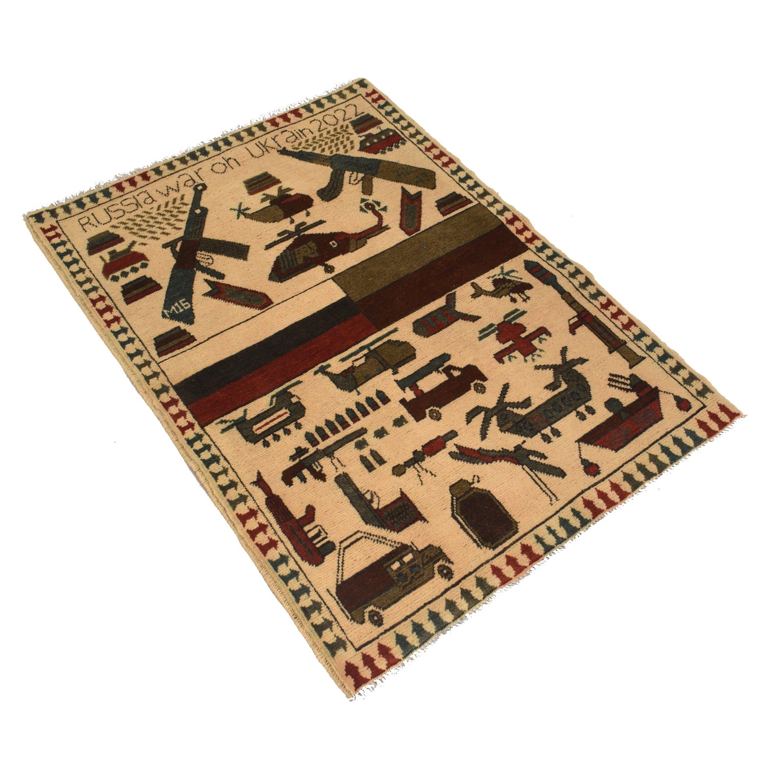 War Area Rug Handmade Beige Helicopter + Weapon + Tank 2x4