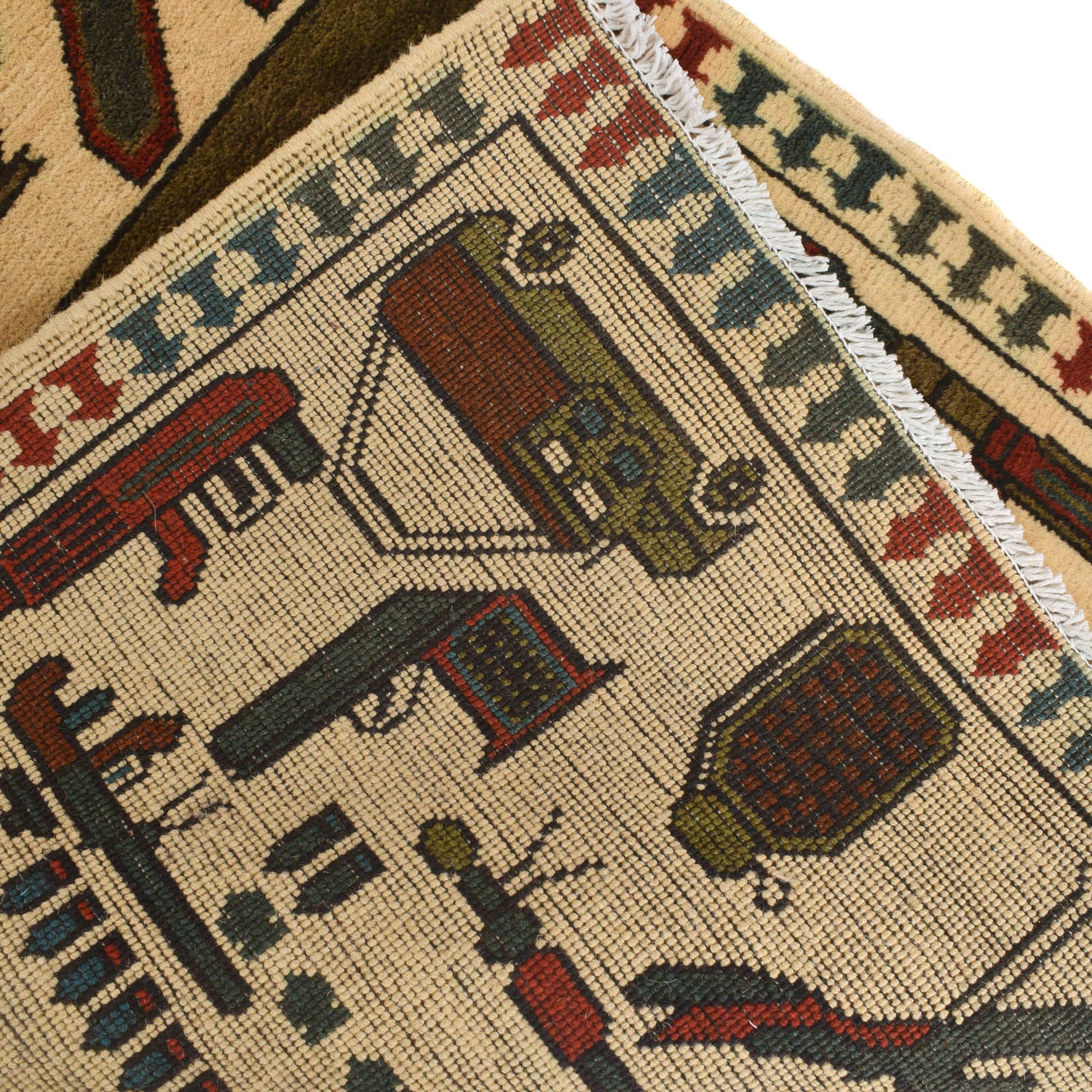 War Area Rug Handmade Beige Helicopter + Weapon + Tank 2x4