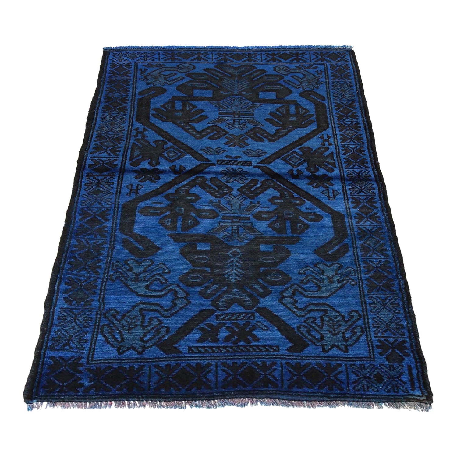 Overdyed Area Rug Handmade Blue Geometric 2x4 ft