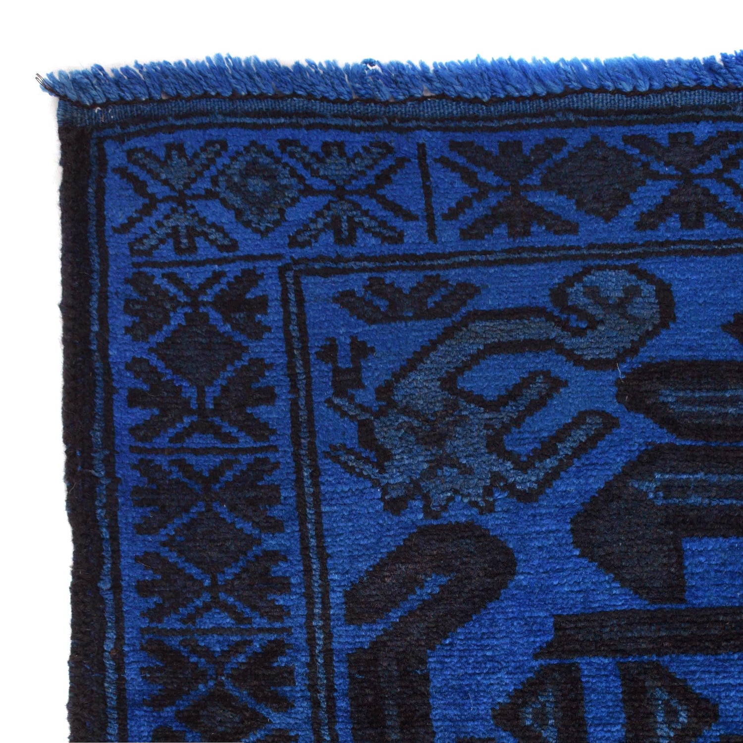 Overdyed Area Rug Handmade Blue Geometric 2x4 ft