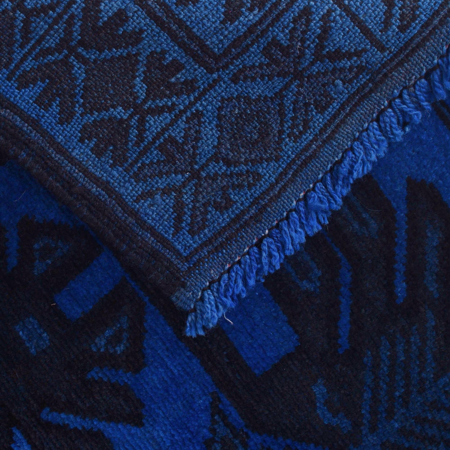 Overdyed Area Rug Handmade Blue Geometric 2x4 ft