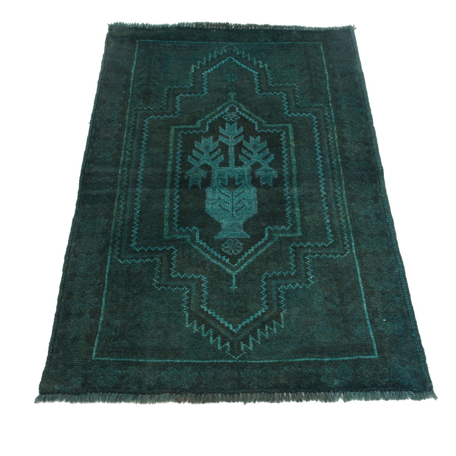 Overdyed Area Rug Handmade Blue Geometric 2x4 ft