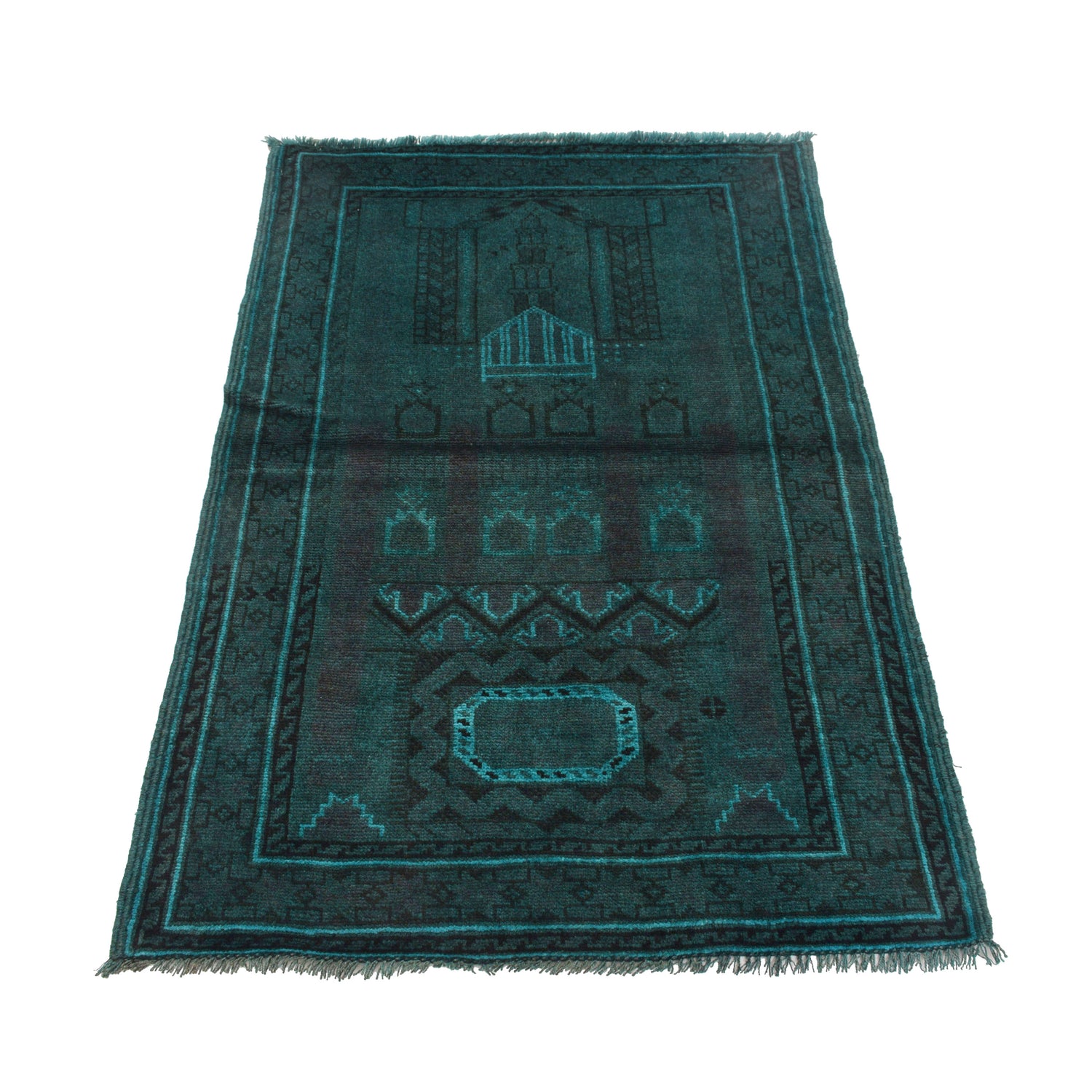 Overdyed Area Rug Handmade Blue Geometric 3x5 ft
